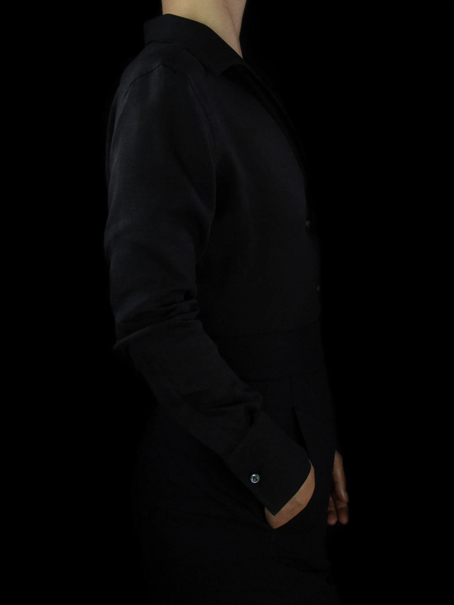 lawton-womens-open-collar-shirt-black-linen-worn-side.jpg