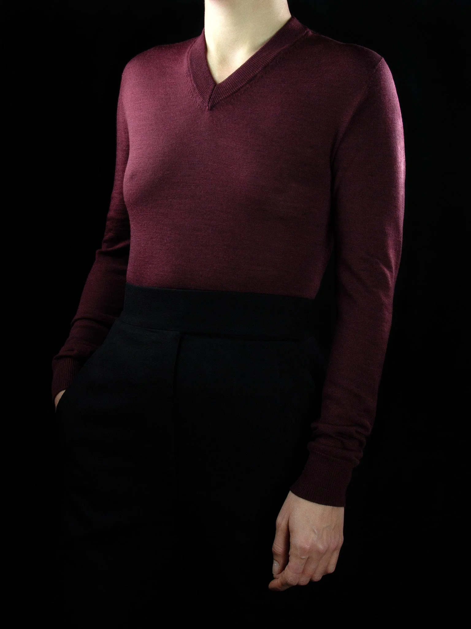 lawton-womens-V-neck-jumper-burdundy-worn-front.jpg