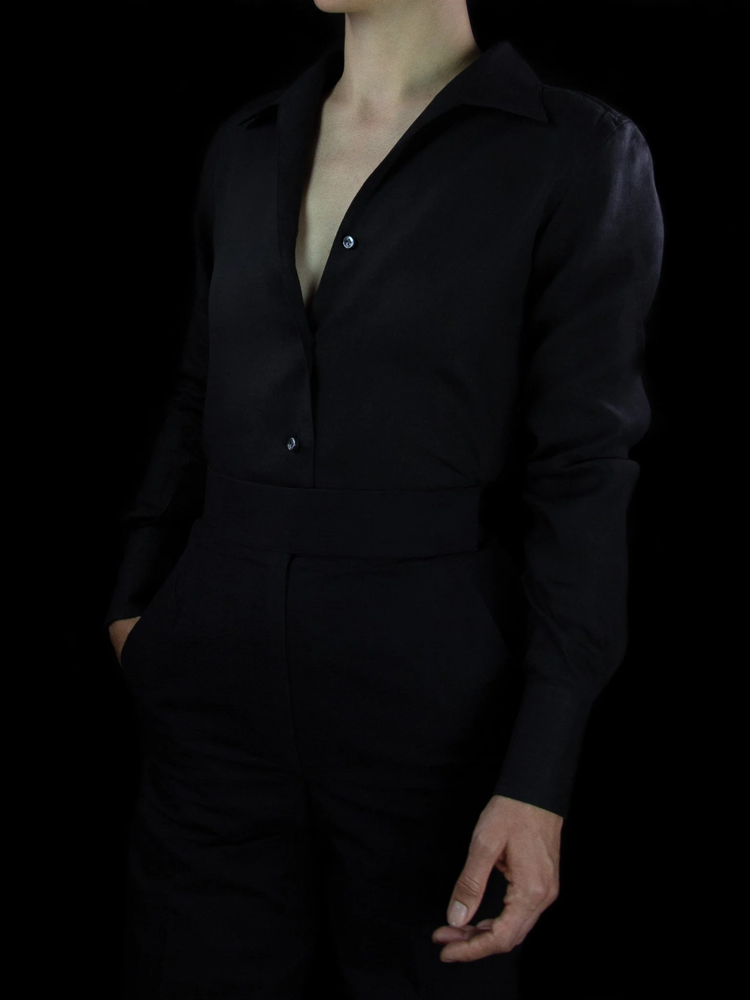 lawton-womens-open-collar-shirt-black-linen-worn-front.jpg