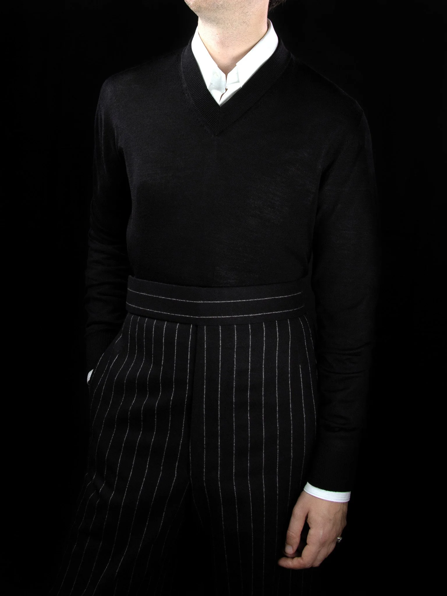lawton-mens-V-neck-jumper-black-worn-with-shirt-front.jpg