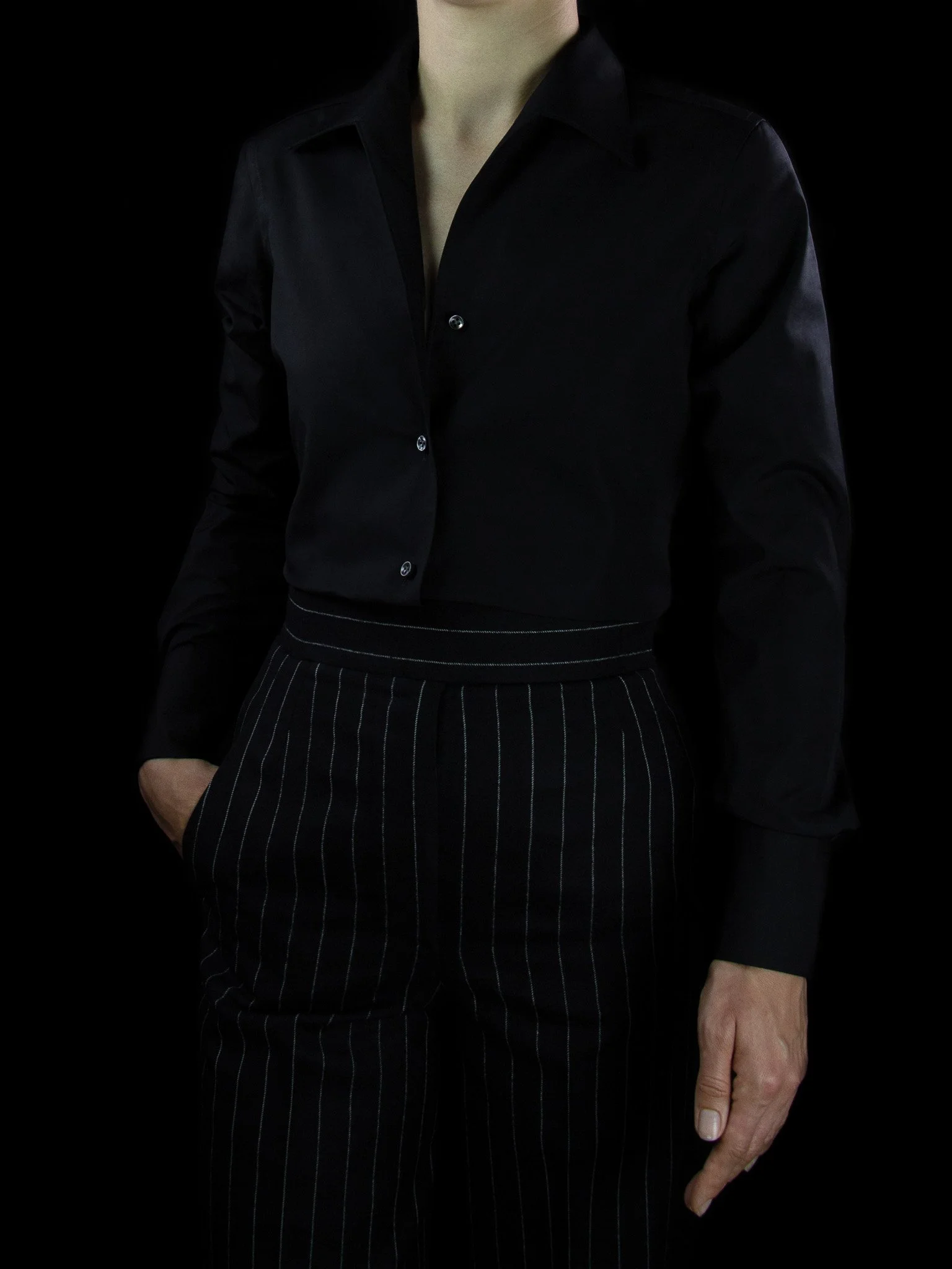 lawton-womens-open-collar-shirt-black-poplin-worn-front.jpg