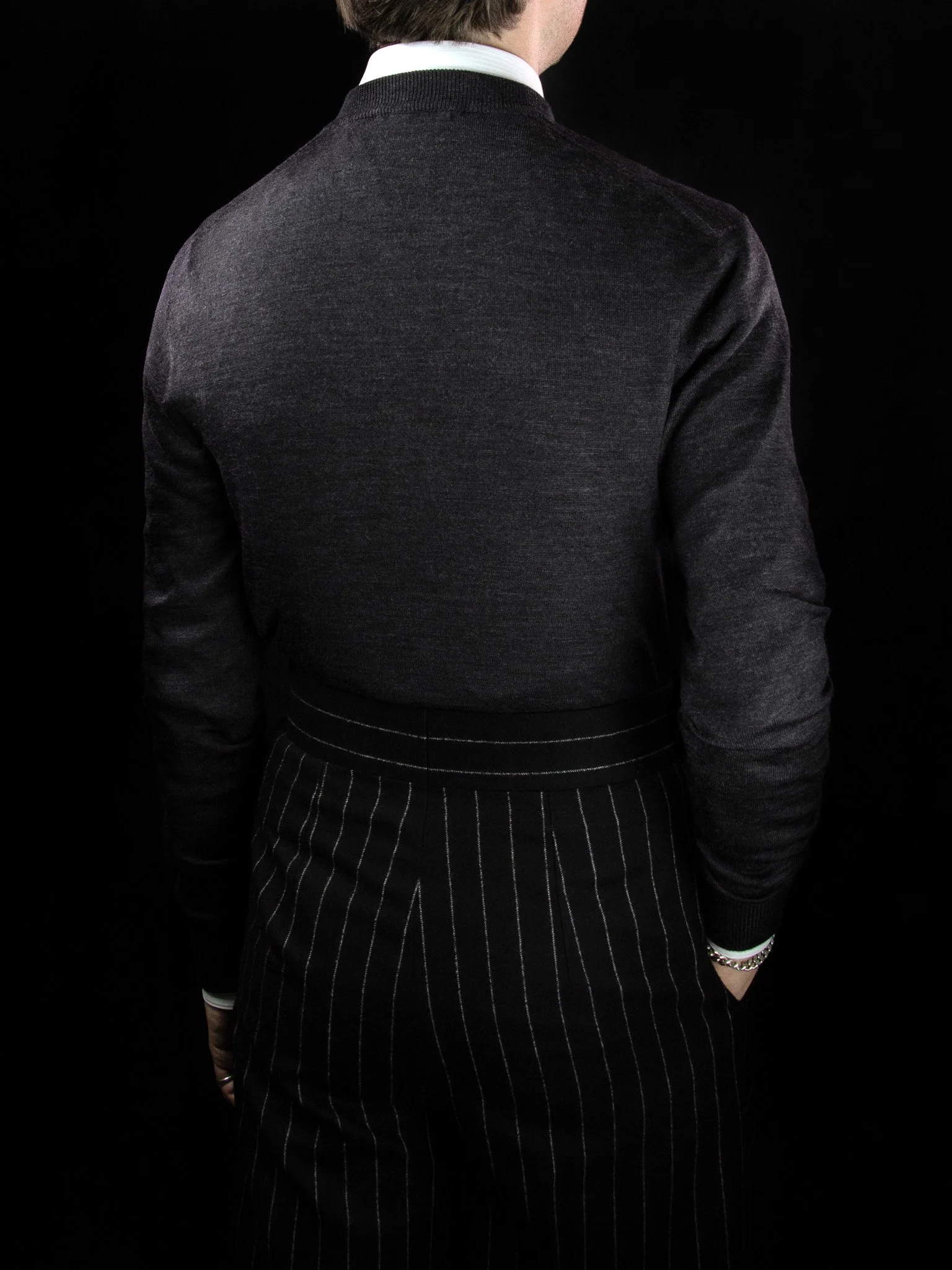 lawton-mens-V-neck-jumper-charcoal-worn-with-shirt-back.jpg