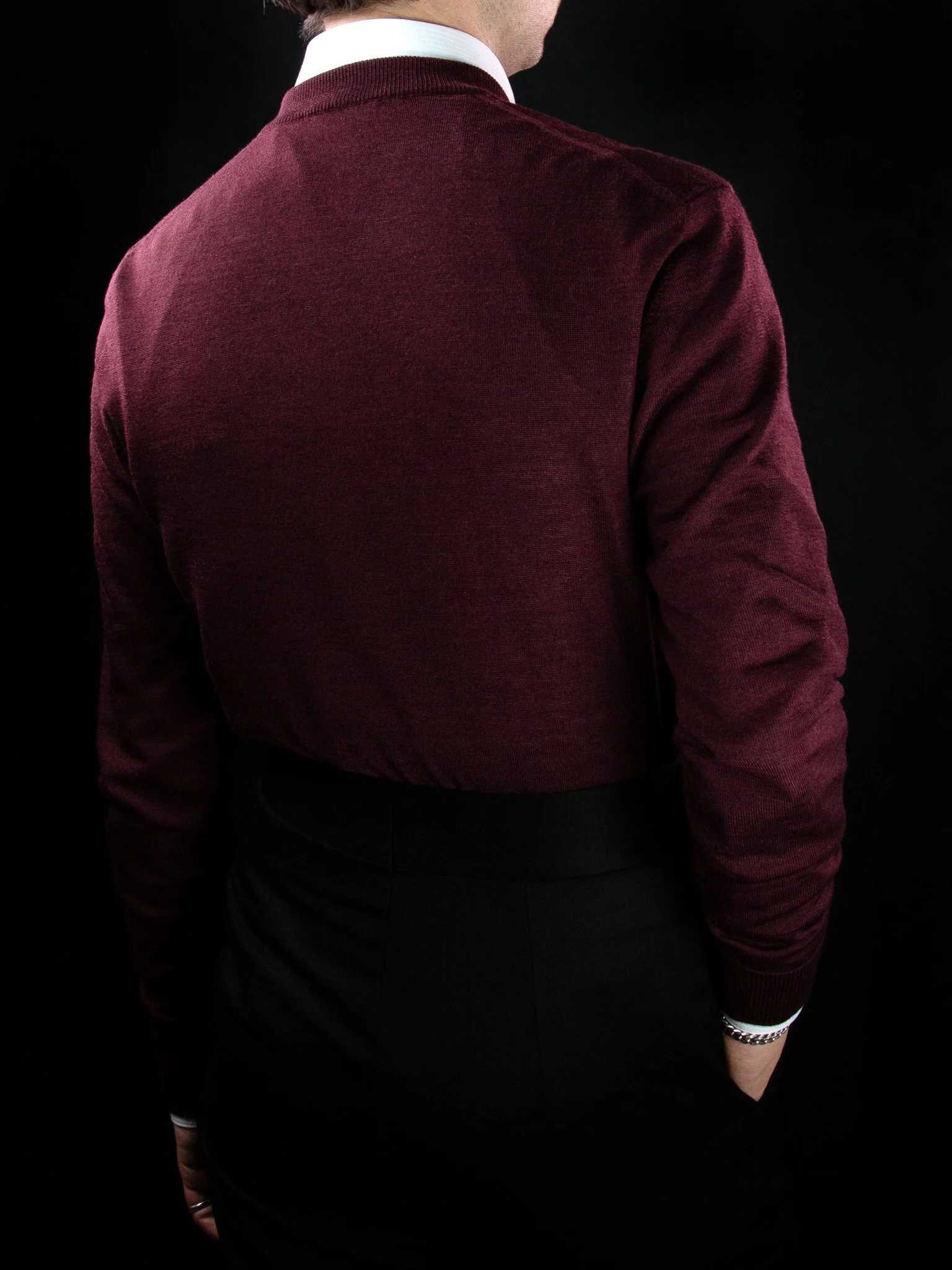 lawton-mens-V-neck-jumper-burdundy-worn-with-shirt-back.jpg