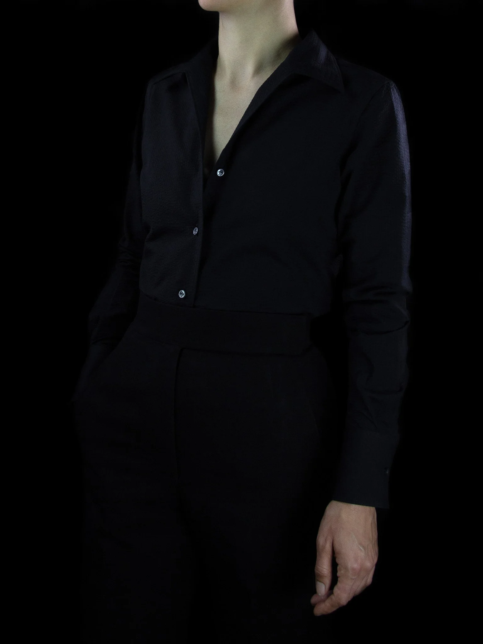 lawton-womens-open-collar-shirt-black-seersucker-worn-front.jpg