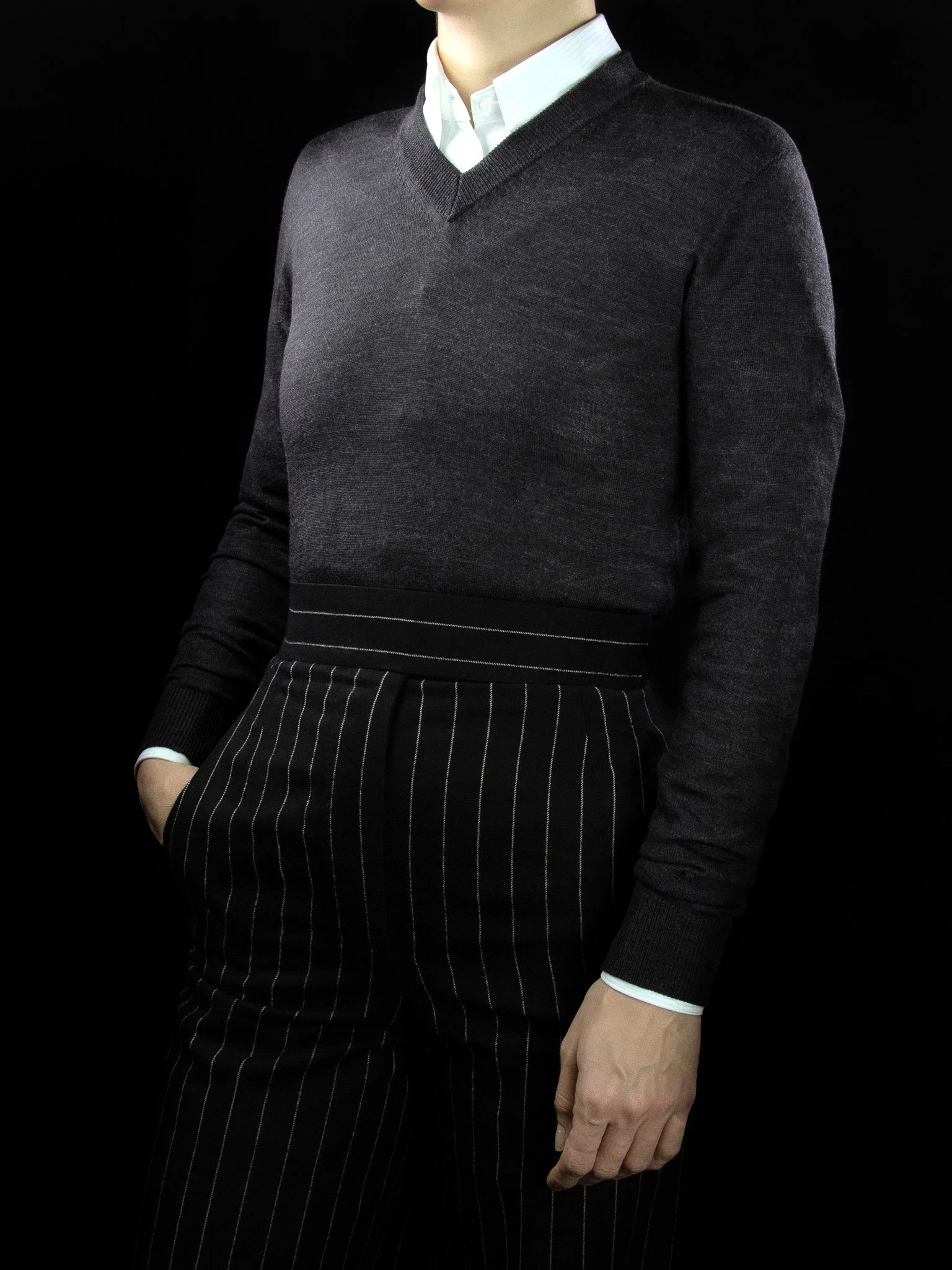 lawton-womens-V-neck-jumper-charcoal-worn-with-shirt-front.jpg