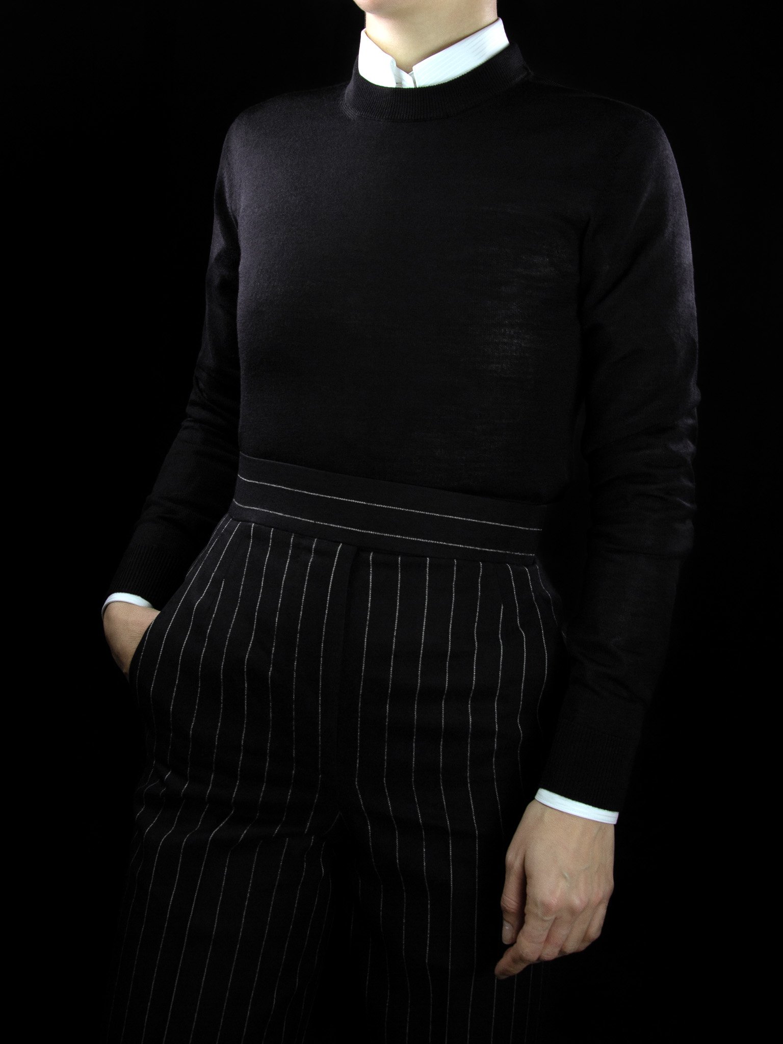 lawton-womens-crew-neck-jumper-black-worn-with-shirt-front.jpg