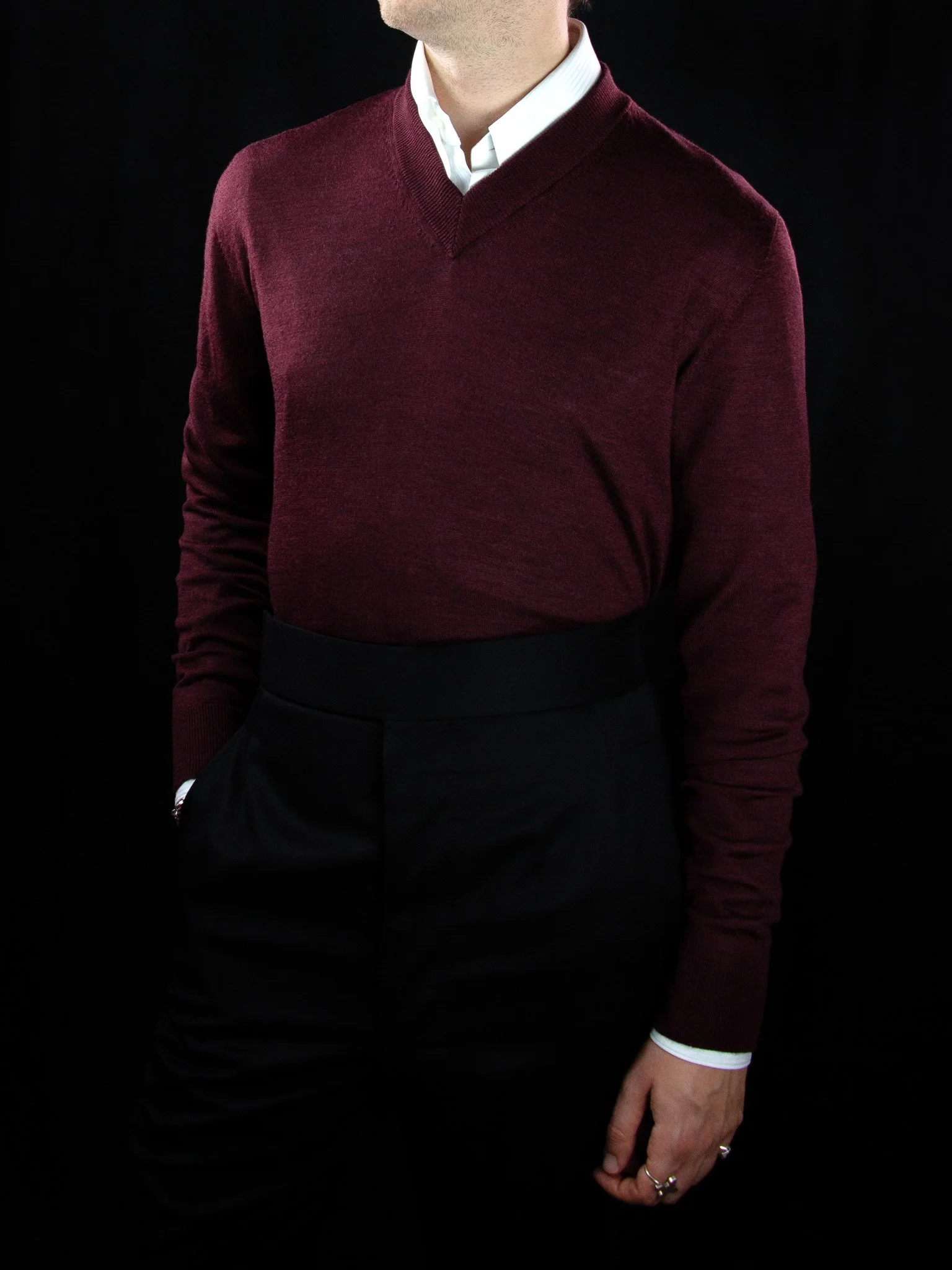 lawton-mens-V-neck-jumper-burdundy-worn-with-shirt-front.jpg