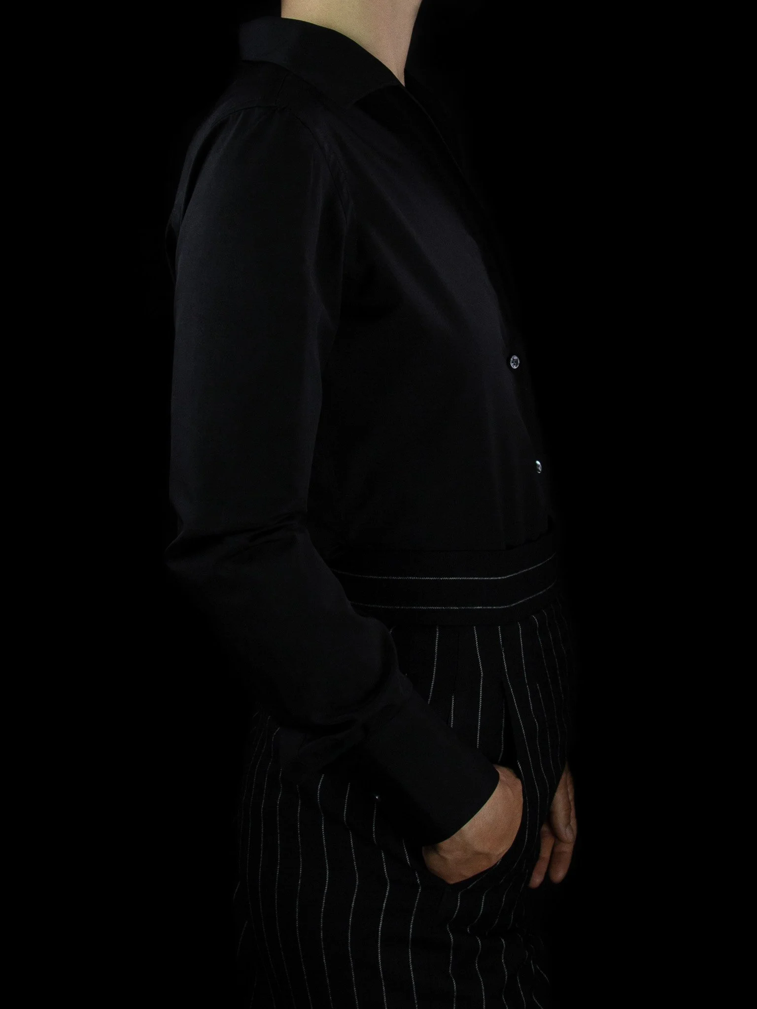 lawton-womens-open-collar-shirt-black-poplin-worn-side.jpg