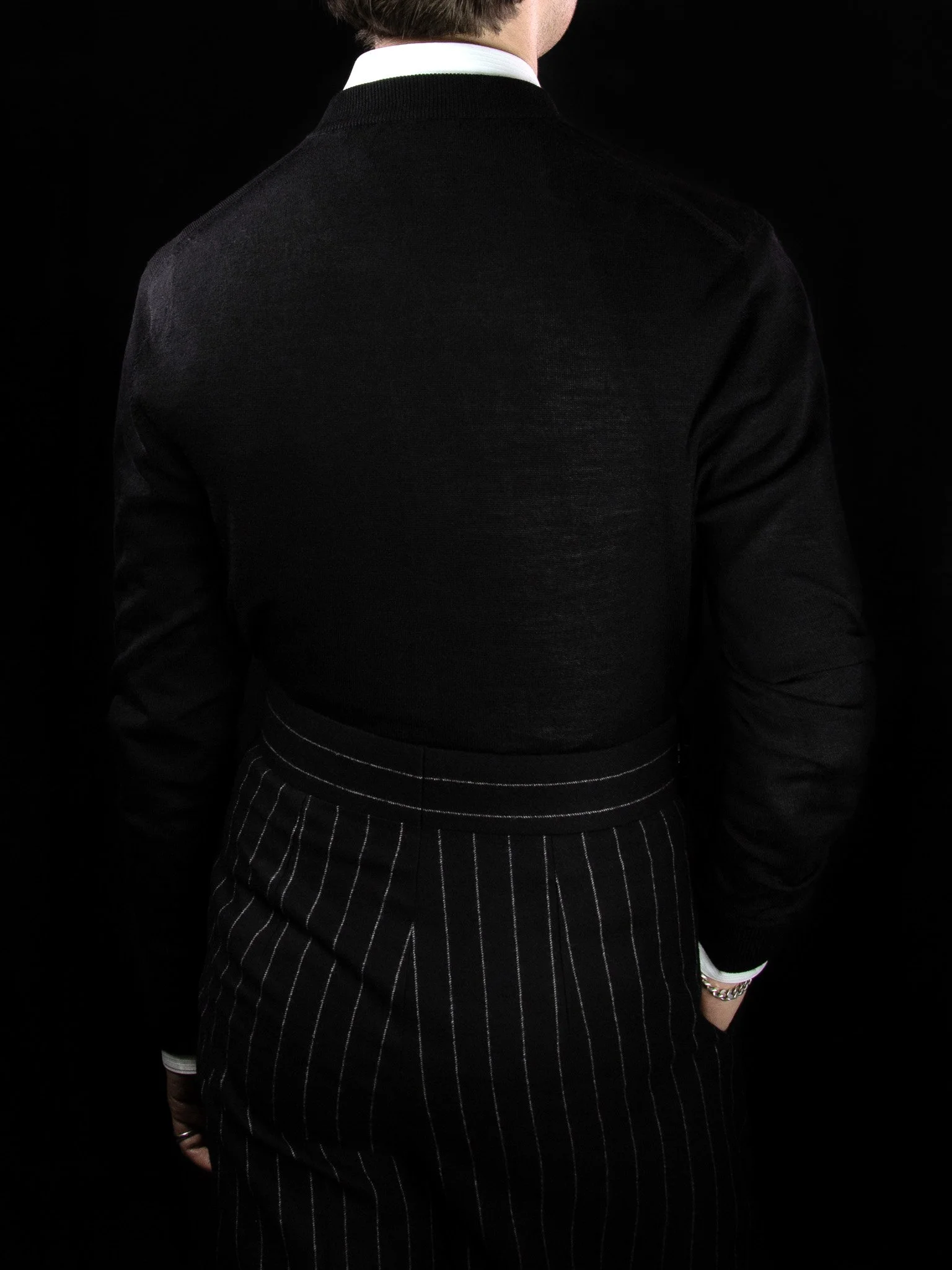 lawton-mens-V-neck-jumper-black-worn-with-shirt-back.jpg