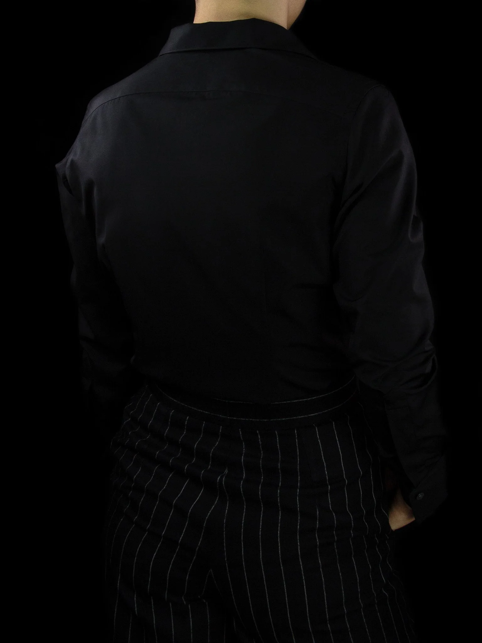 lawton-womens-open-collar-shirt-black-poplin-worn-back.jpg