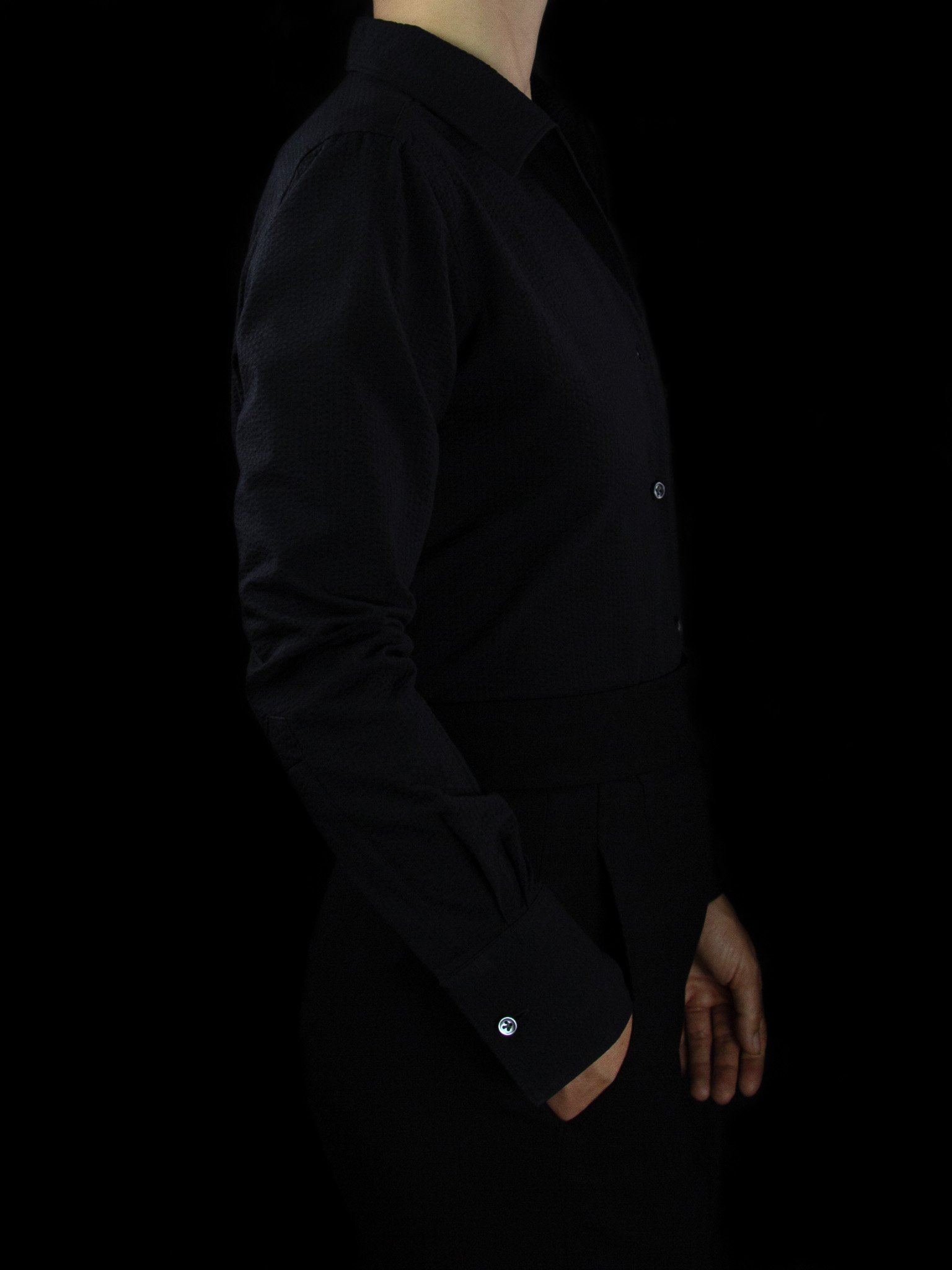 lawton-womens-open-collar-shirt-black-seersucker-worn-side.jpg