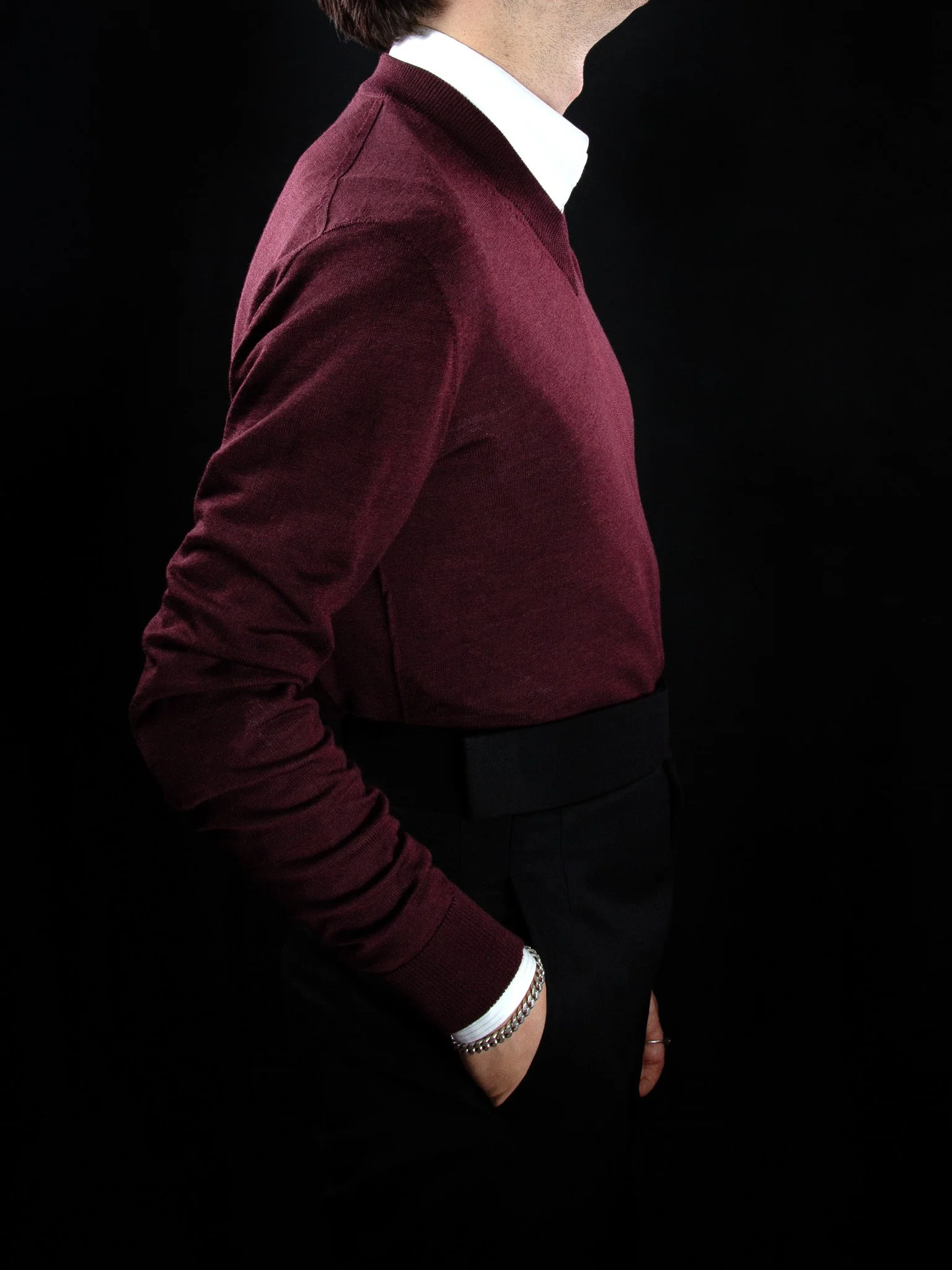 lawton-mens-V-neck-jumper-burdundy-worn-with-shirt-side.jpg