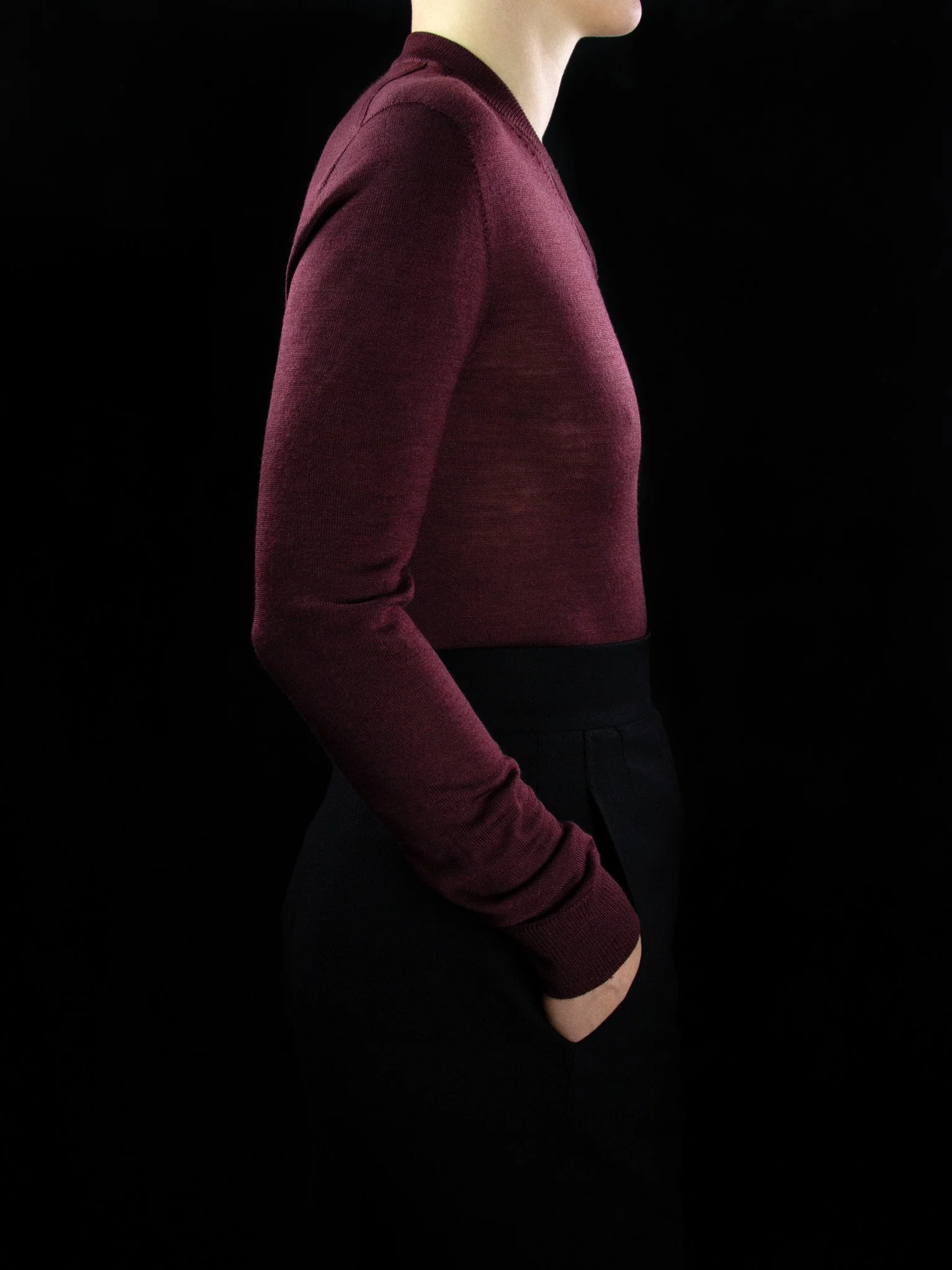 lawton-womens-V-neck-jumper-burdundy-worn-side.jpg