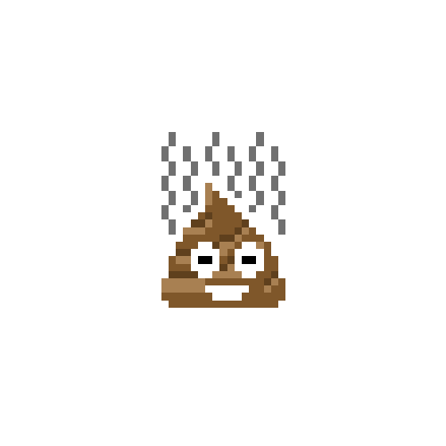 Pixel art depiction of a smiling brown poop emoji with wide eyes and dripping water or rain above it, on a black background.