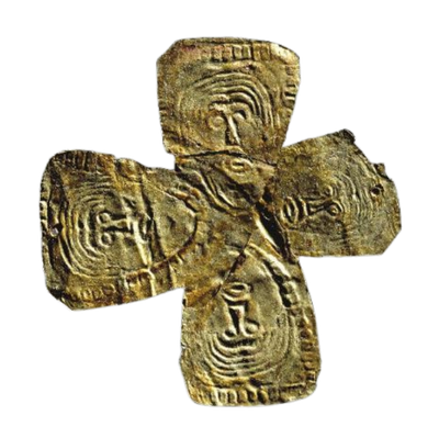 Ancient gold cross-shaped artifact with intricate engravings.