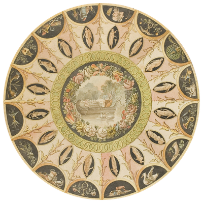 Decorative plate with a central landscape scene surrounded by oval portraits of figures in vintage attire.