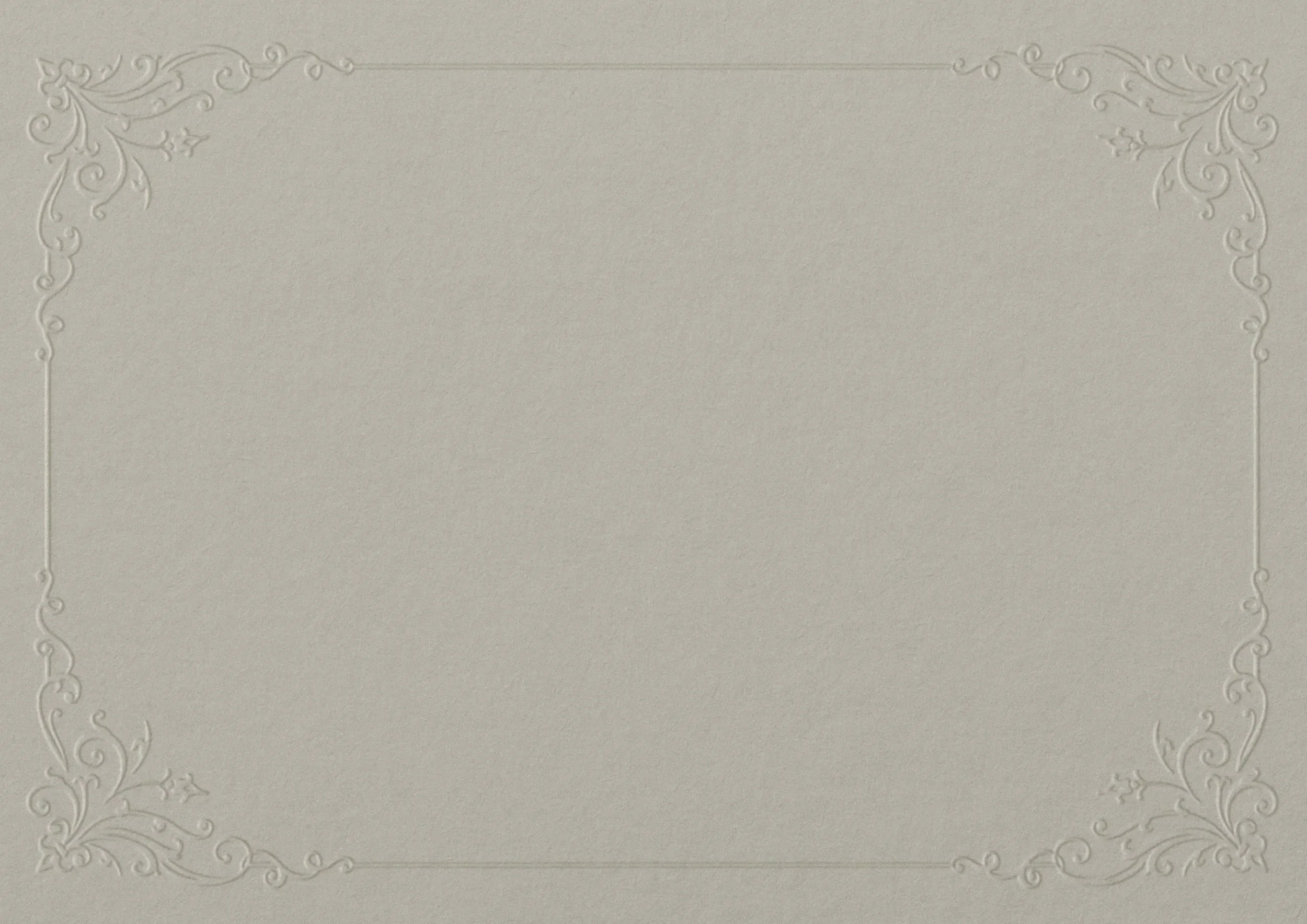 Plain, light gray textured background with decorative embossed border in each corner.