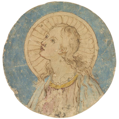 A circular illustration of a woman with long, wavy hair and a halo around her head, dressed in a flowing robe with a yellow collar, painted in a vintage, faded style.
