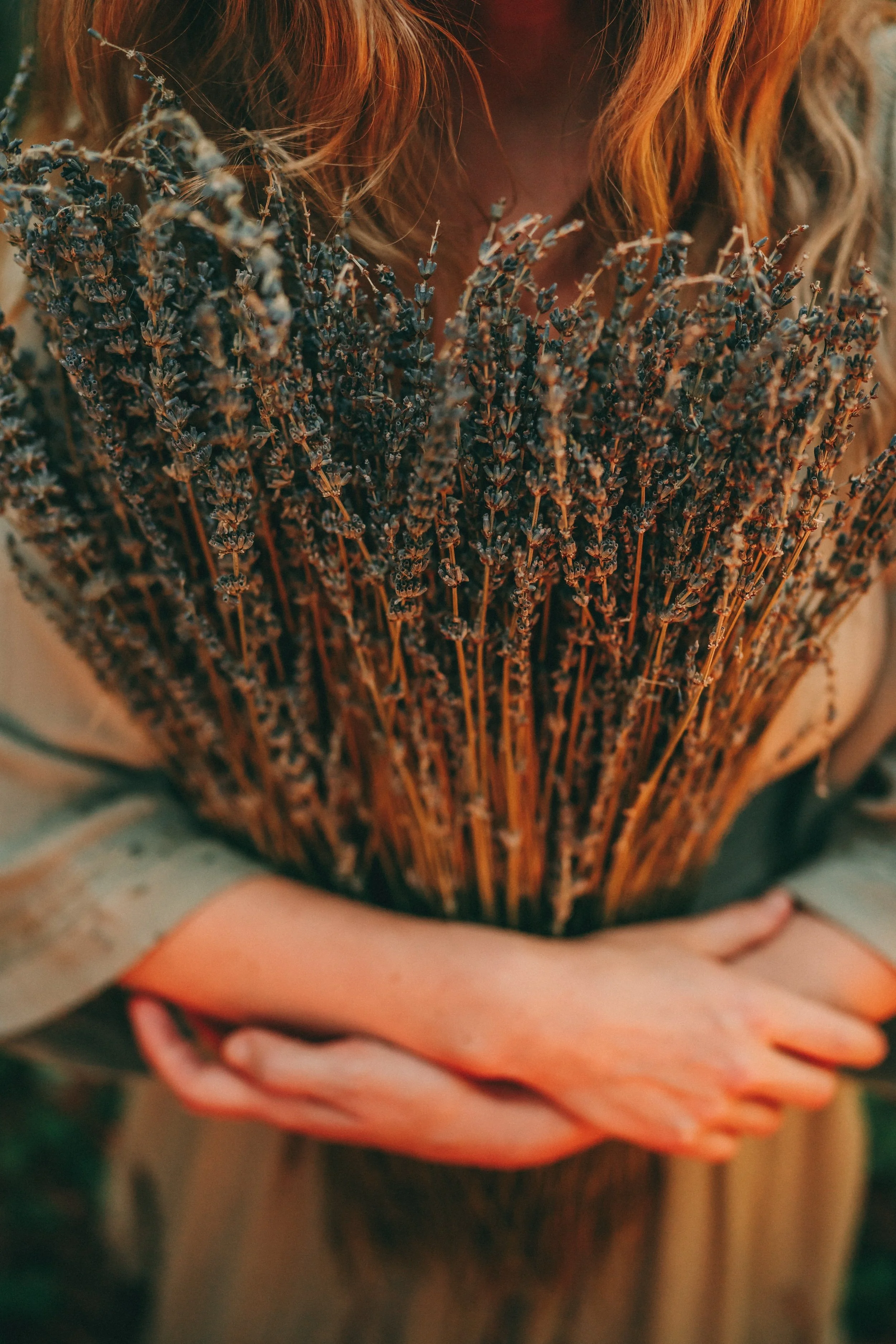 A person is holding a large bouquet of dried lavender flowers close to their chest, with only their red hair and arms visible.