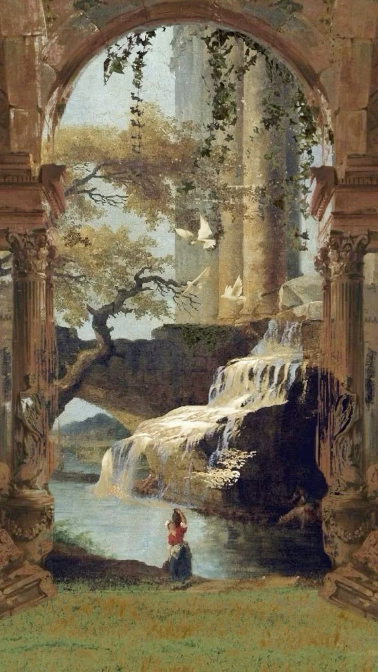 A painting depicting a scenic landscape seen through an ancient stone archway. Features include a flowing waterfall, a woman holding a child in the water, a gnarled tree with yellow leaves, flying birds, and distant mountains.