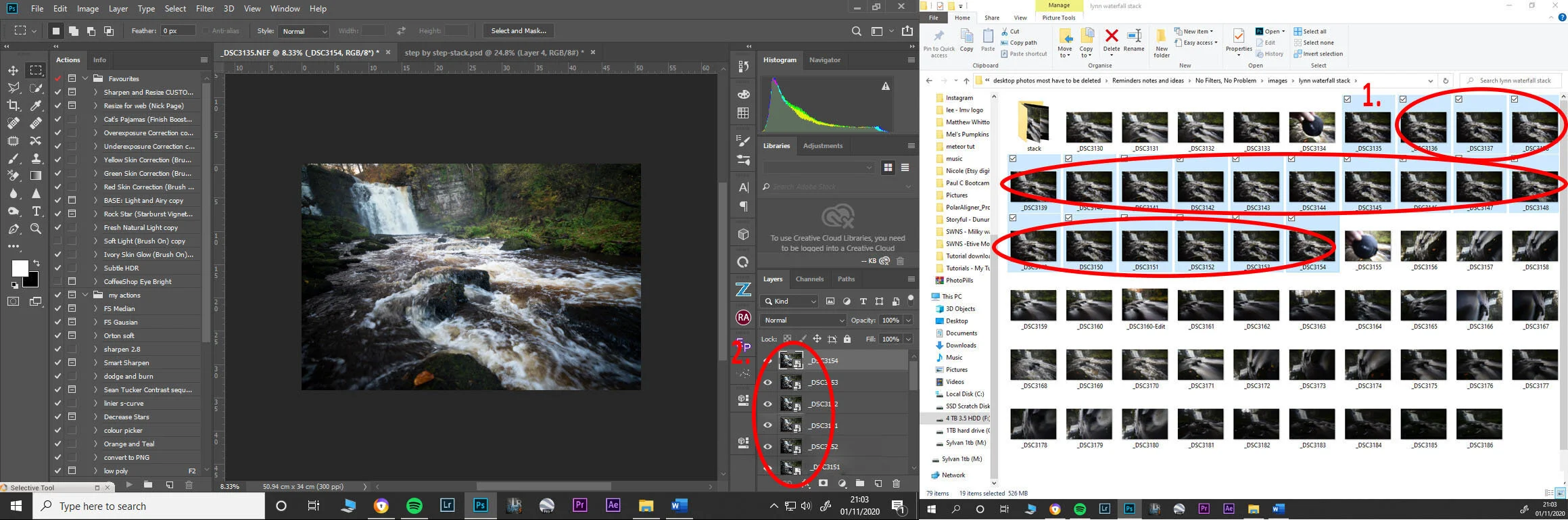4.) When you have your first frame open in a document window in Photoshop (1.) select the rest of your frames and drag and drop them onto that window in Photoshop that you have your first frame in. (making sure to drop it onto that window and not onto the Photoshop main panel as this will open all of the frames as individual document windows) (2.) dropping them into the open document window will put all of the frames into layers on that open document window.