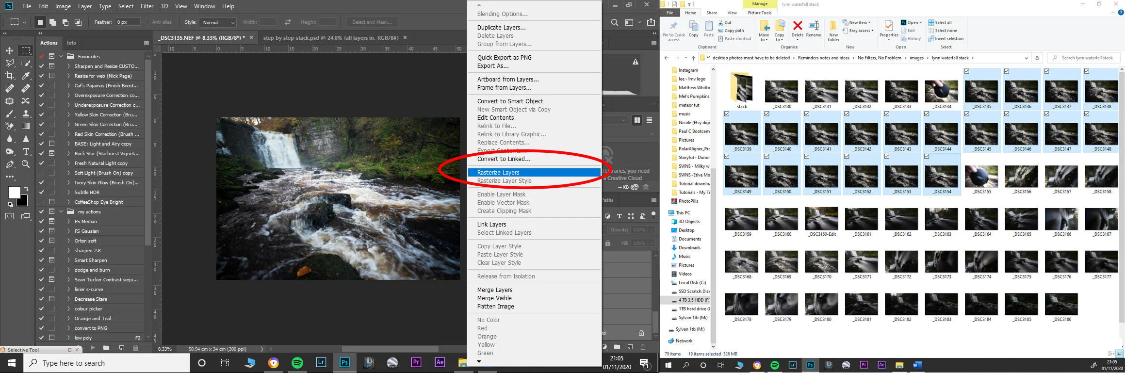 5.) If  you have new layers set to open as smart objects in Photoshop simply select all of the layers and right click over any one of them and select Rasterize Layer or go up to the top dropdown menu bar and select ‘Layer/Rasterize/All Layers’ and this will turn all of the layers into rasterized layers which is needed for the next step.