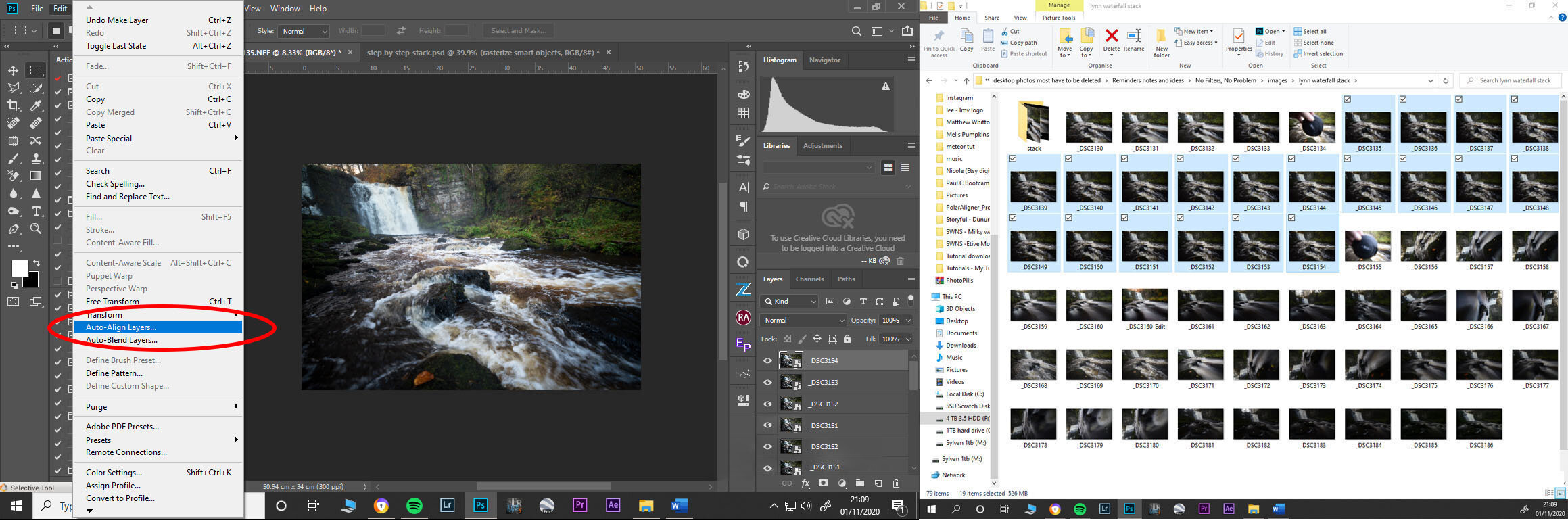 6.) Once you have rasterized all your layers you will be able to ‘Auto-Align Layers’ them. If you use a tripod on a steady surface, you might not need this step but in this case, I had my tripod legs in the water, and this might have nudged the frame just a little. ‘Auto-Align Layers’ will take all of the layers and match up all of the pixels in each frame that are the same as the frames above an below so will help to make sure all of the frames are aligned properly giving a better cleaner stacked image.
