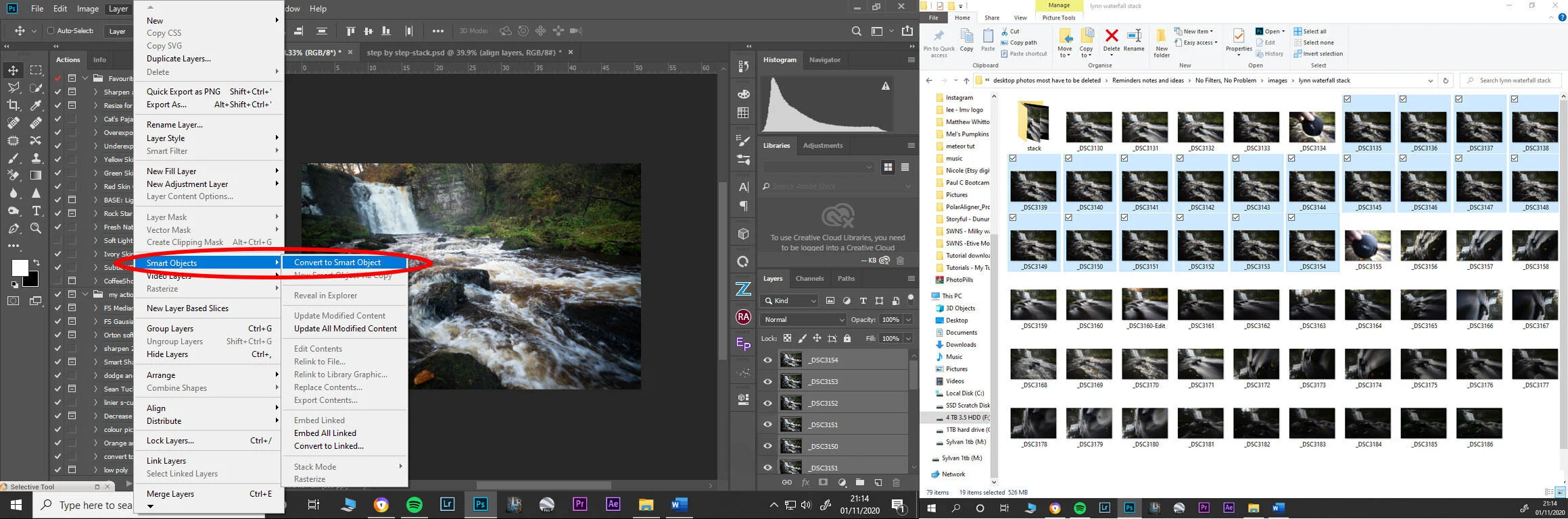 7.) When you have aligned your layers select them all and go up to the top drop-down menu and select ‘Layer/Smart Object/Convert to smart Object’, this will (as it says on the tin) convert all of the frames into a single ‘Smart Object’. (If you’re not familiar with what a smart object is. They’re magical little objects that are files within files and can do so many things, but way too many to get into in this blog post. I’ll try and get around to writing a post about smart objects soon but in the meantime, I would strongly advise looking up the benefits of using smart objects).