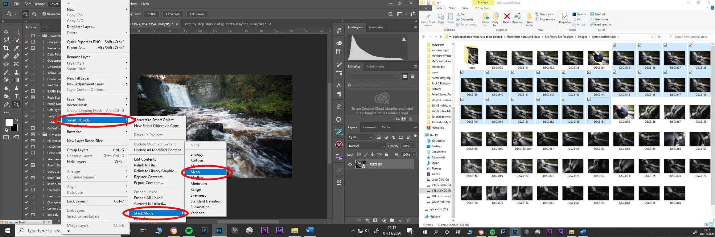 8.) You now have a Smart object containing all the 20 frames from before in a single layer and now comes the fun part. On the top dropdown menu select ‘Layer/Smart Object/Stack Mode/Mean’. This will allow all the average pixels in each given layer to show through in the smart object. Perfect for simulating a long exposure shot and great for reducing noise when forced to use a high ISO in a low light situation and you don’t have a tripod with you. (I’ll run over that use a little later in this blog)