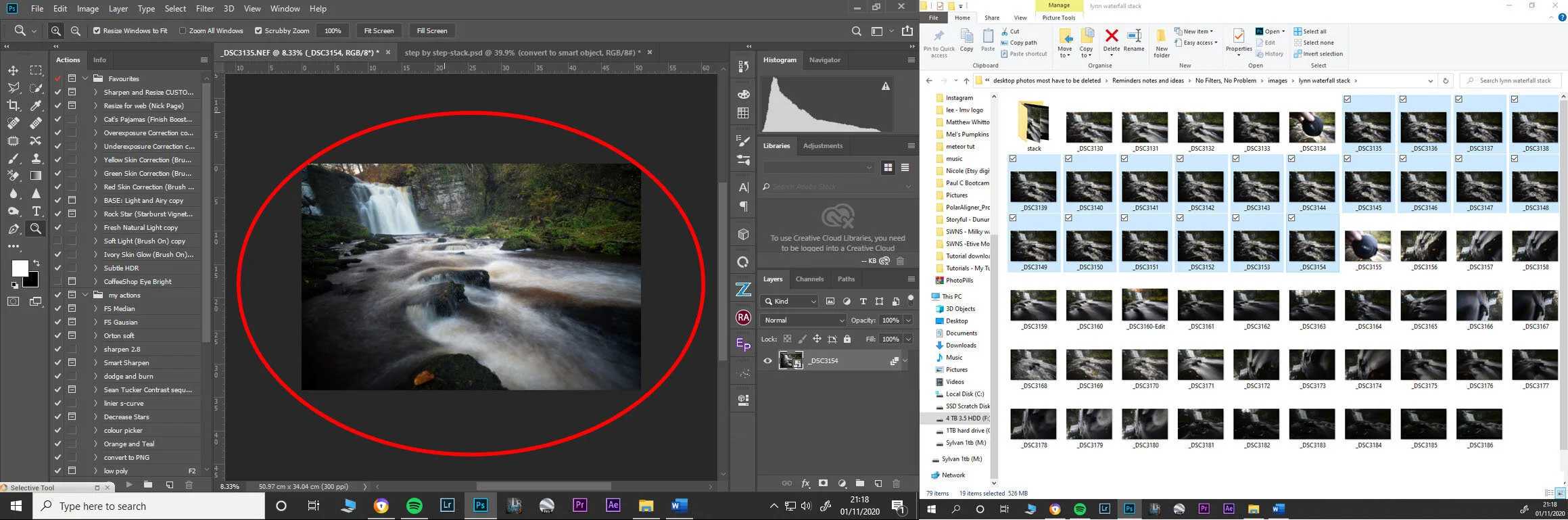 9.) And this is the simulated long exposure shot you get using 20x single short exposure frames stacked on top of each other as a ‘Smart Object’ and set to ‘Mean’ stack blend mode.