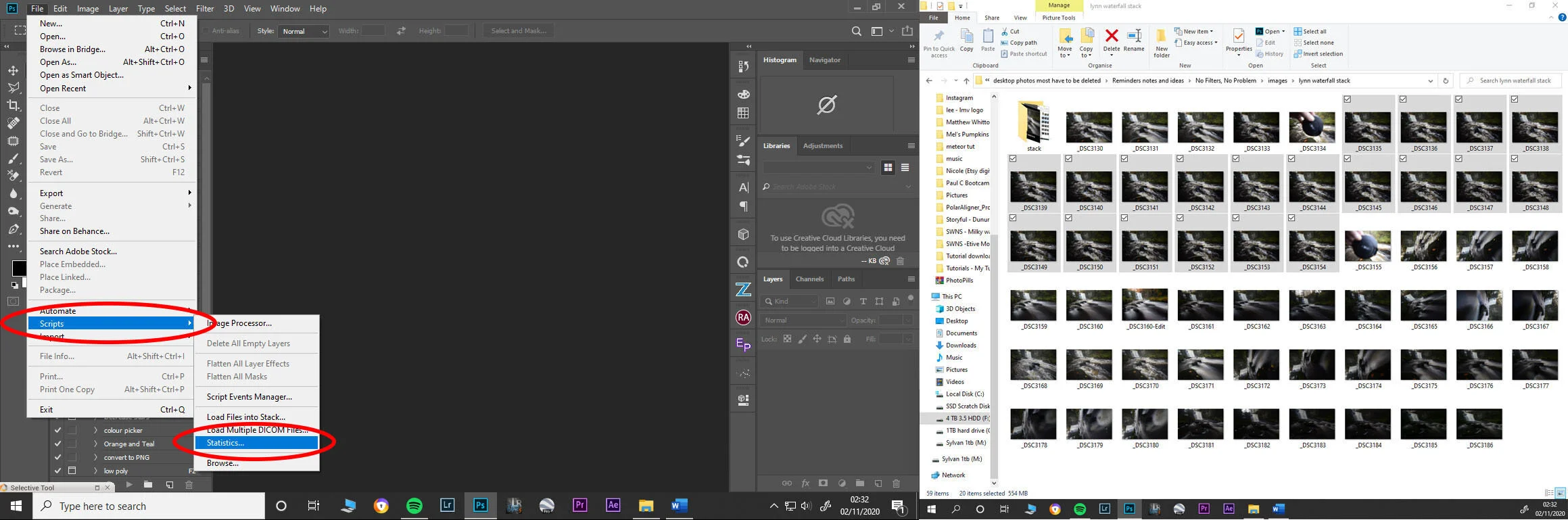 1.) With Photoshop open go up to the main menu drop down bar and select (File/Script/Statistics) this will bring up the ‘Image Statistics’ dialogue box.