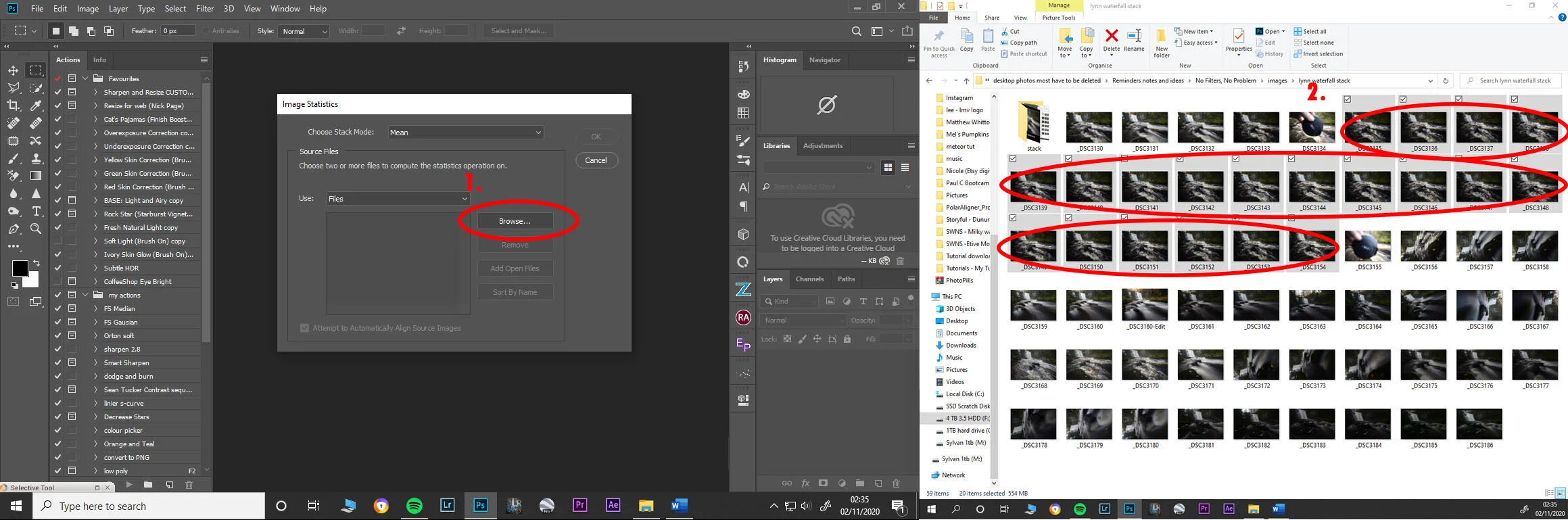 2.) When you have the image statistics dialogue box open (1.) click ‘Browse’ and navigate to the folder where you have your (2.) images that you want to stack.
