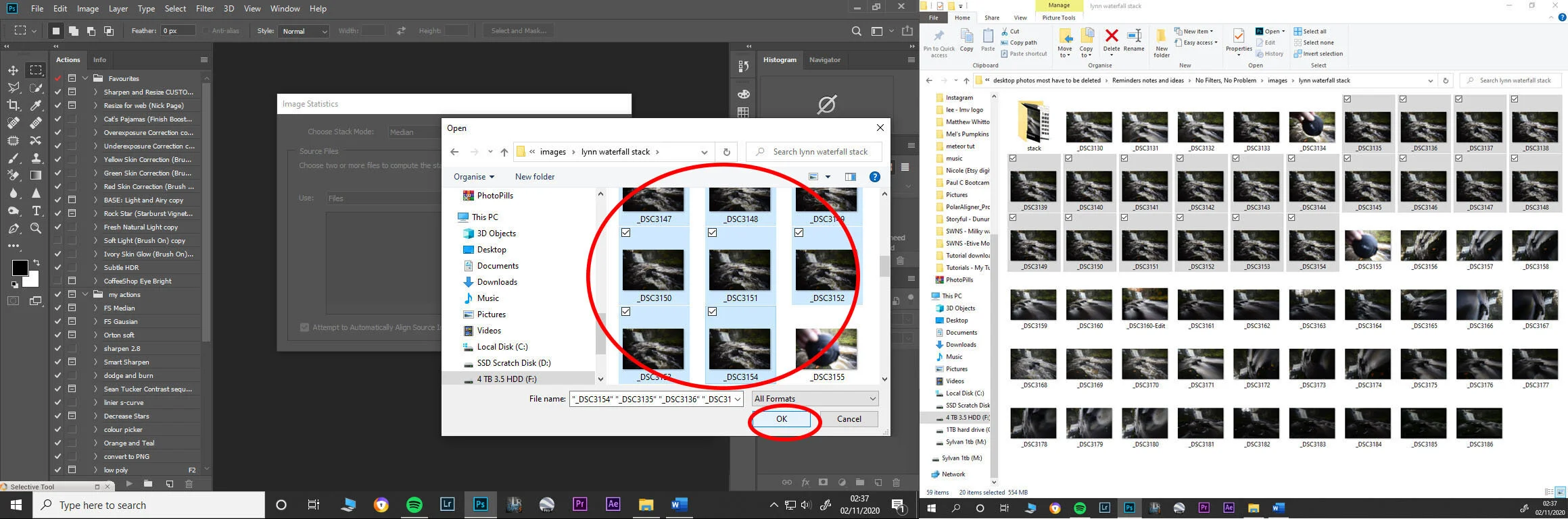 3.) Select all the images you want to stack together and click OK this will bring them into the Image statistics Dialogue box.