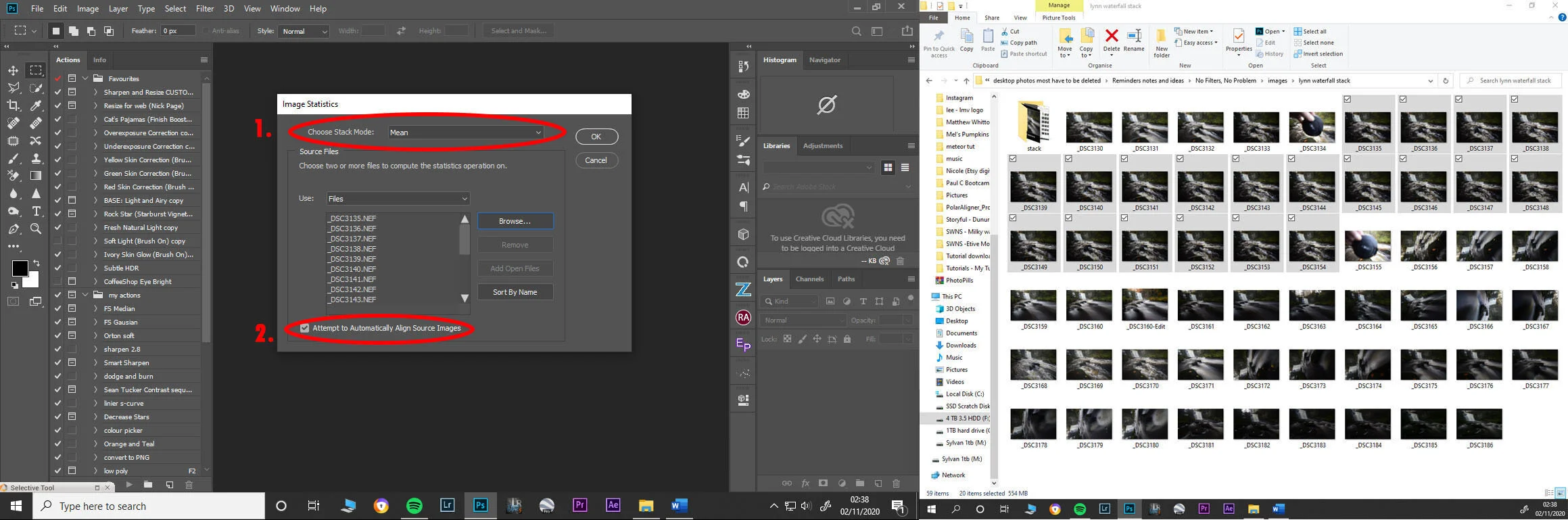 4.) From here you’ll be able to choose which stack mode you want to use. For the purpose of this tutorial I chose ‘mean’ Stack mode. (both Mean and Median can be use for the purpose of removing noise from images but I find that mean works better for stacking images for the purpose of recreating a long exposure shot) but try different ones just to see what you think for yourself. (2.) Also make sure to check the box to ‘Attempt to Automatically Align Source Images’ this will ‘Auto-Align’ all of the layers for you. Then click OK to open them as a stacked smart object in Photoshop.