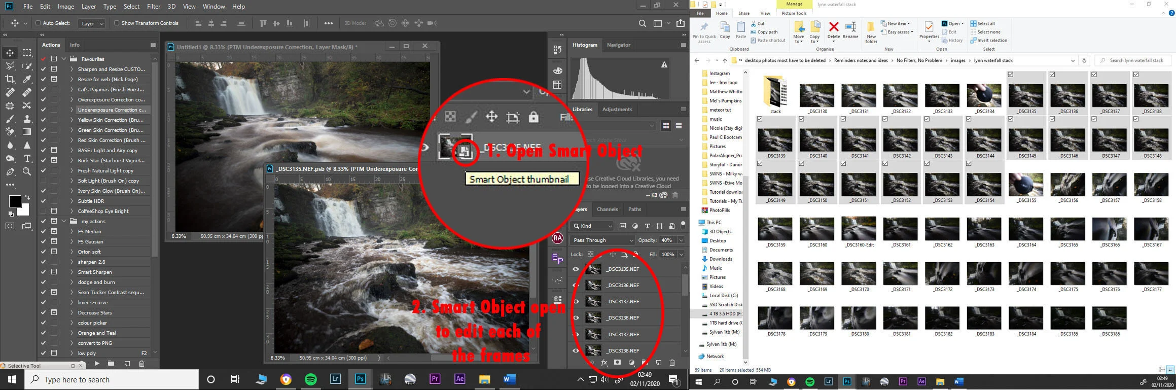 6.) Also please note that as a smart object you can click on the (1.) small document symbol on the bottom right hand side of a smart object layer thumbnail shown above and this will open the smart object in a new document window where you can (2.) add or remove any of the files used in the stack (useful if one of the frames in the stack have a blurred area that you would like to remove)