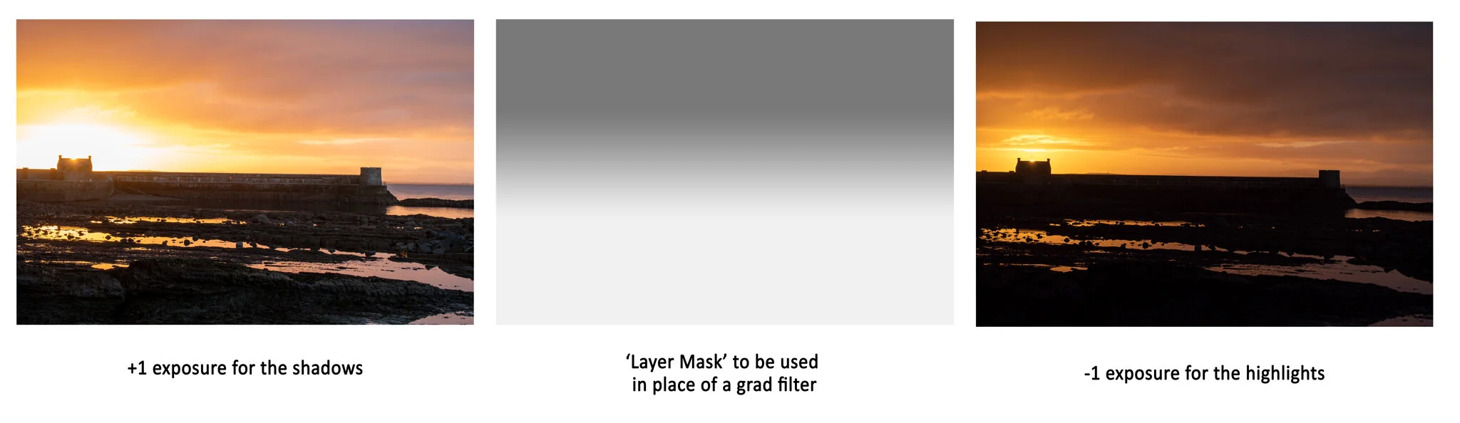 And as you can see from this example the highlights are blown/clipped in the over exposed shot and the shadows are blown/clipped in the under exposed shot but by using the simple layer mask in place of the Grad filter I can process this shot making sure I have details in the Highlights as well as the shadows giving me the exposure below