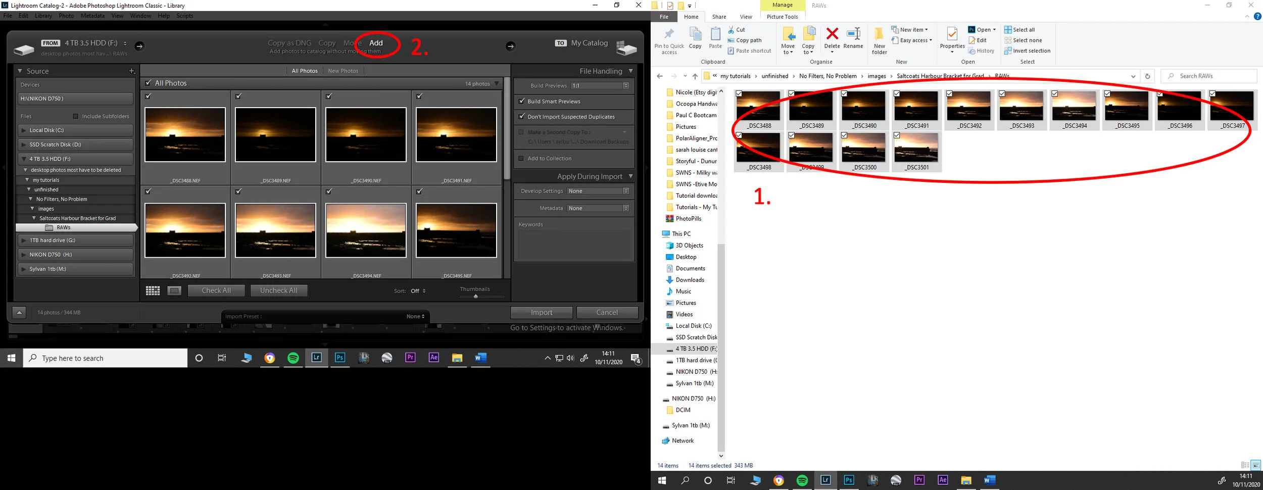 1.) Open up Lightroom and simply drag and drop your (1.) folder or files onto the middle of the Lightroom program window, this will open all your RAW images onto the import dialogue box simply select (2.) ‘Add’ and this will open your frames in Lightroom.
