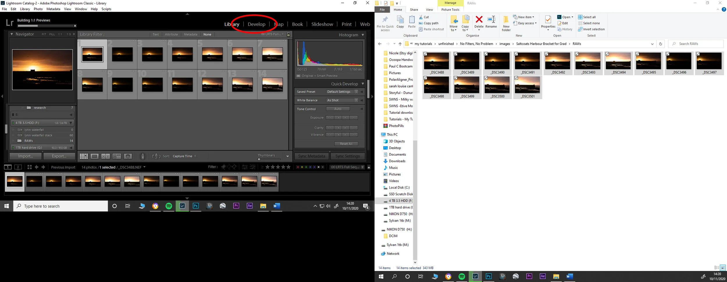 2.) When open in Lightroom it will open your files into the ‘Library’ window from here you can do some global adjustments with exposure  but to do any lens corrections or local adjustments you will have to select the develop tab to open your frames in the ‘Develop’ module.