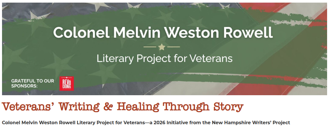  Generated Alt Text  Image featuring a green and red background with a faded American flag pattern. The text reads: "Colonel Melvin Weston Rowell Literary Project for Veterans - Grateful to our Sponsors" and "Veterans' Writing & Healing Through Story