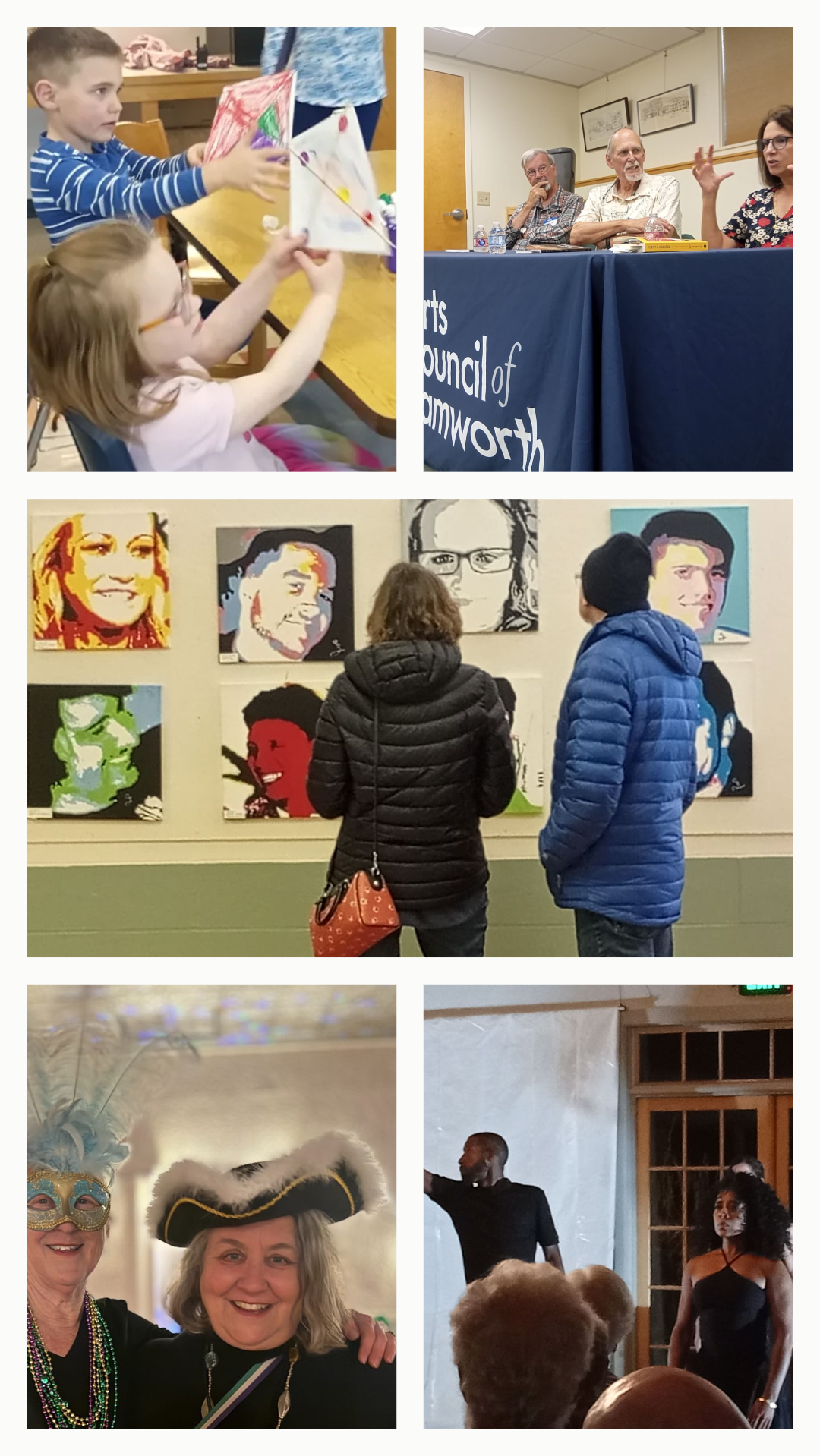 A collage of images featuring children engaging in art activities, a panel discussion at a council meeting, people observing artwork on a wall, and individuals wearing costumes at an event.