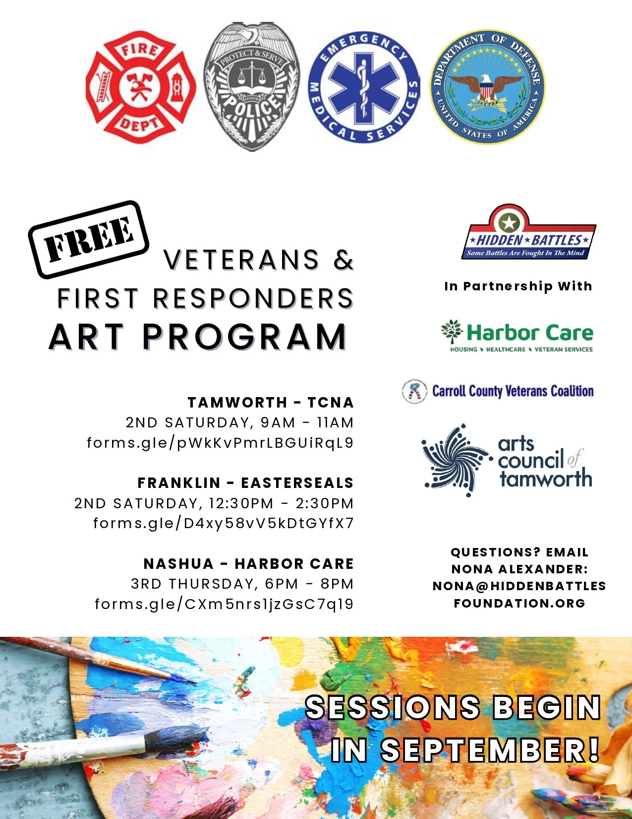 Free Veterans & First Responders Art Program flyer, featuring event details and links for registration in Tamworth, Franklin, and Nashua. Sessions begin in September.