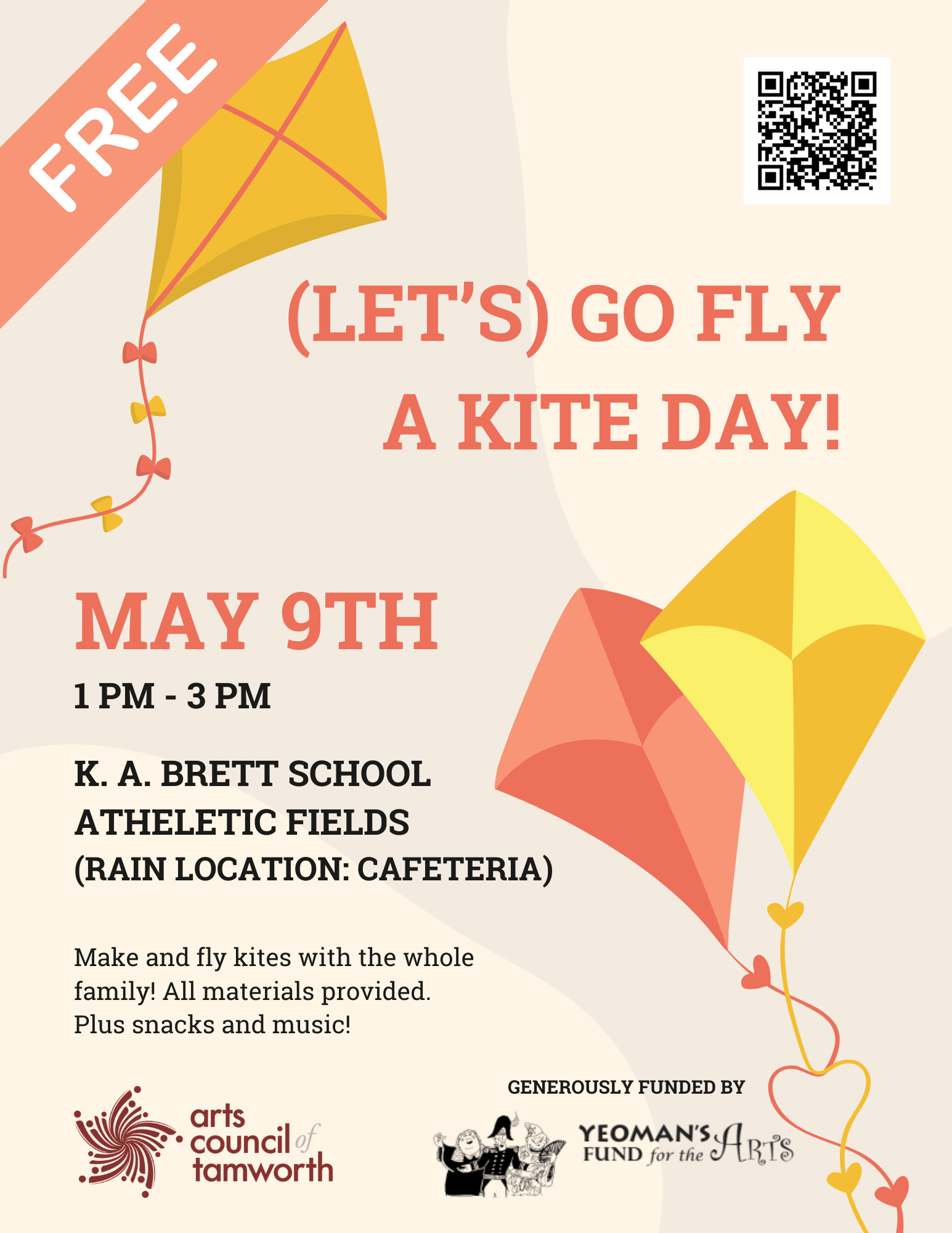 Free event flyer for "Let's Go Fly a Kite Day!" on May 9th from 1 PM to 3 PM at K.A. Brett School Athletic Fields, with activities including kite making and flying for the whole family, along with snacks and music. Rain location is the cafeteria.
