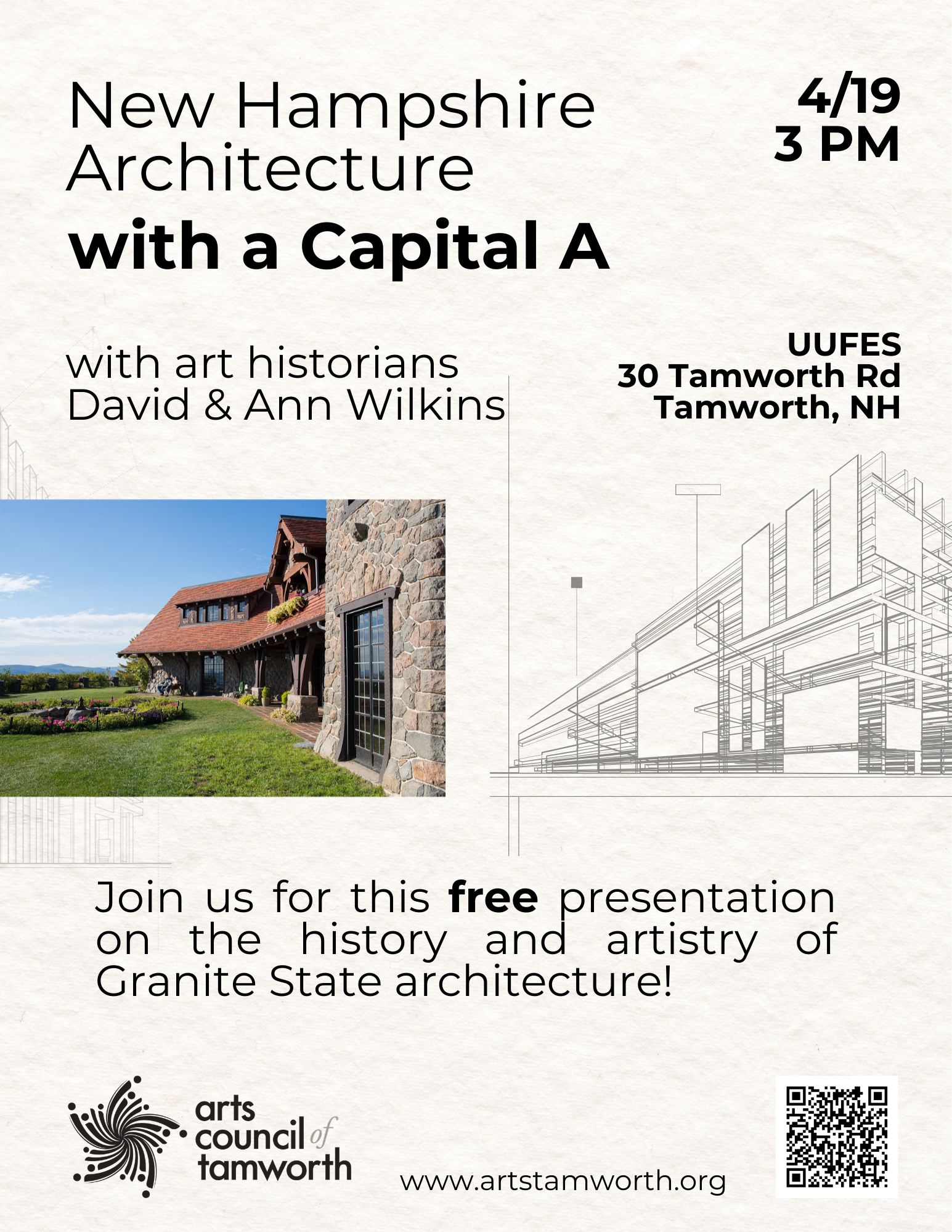 Image of a large stone home overlooking mountains, and architectural drawing of a building.