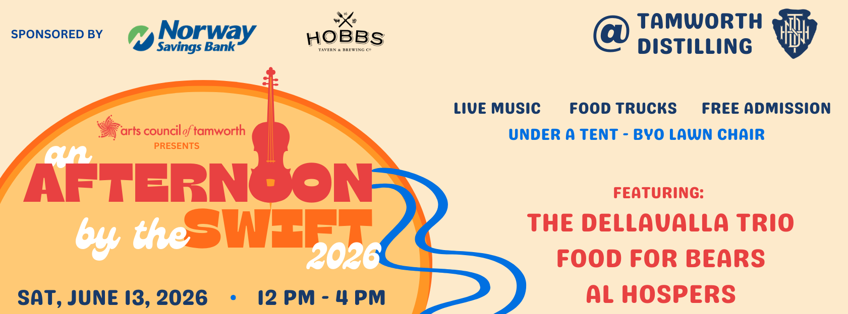 An event banner for "An Afternoon by the Swift 2026" featuring live music, food trucks, and free admission at Tamworth Distilling on June 13, 2026, from 12 PM to 4 PM. The event sponsors include Norway Savings Bank and Hobbs.