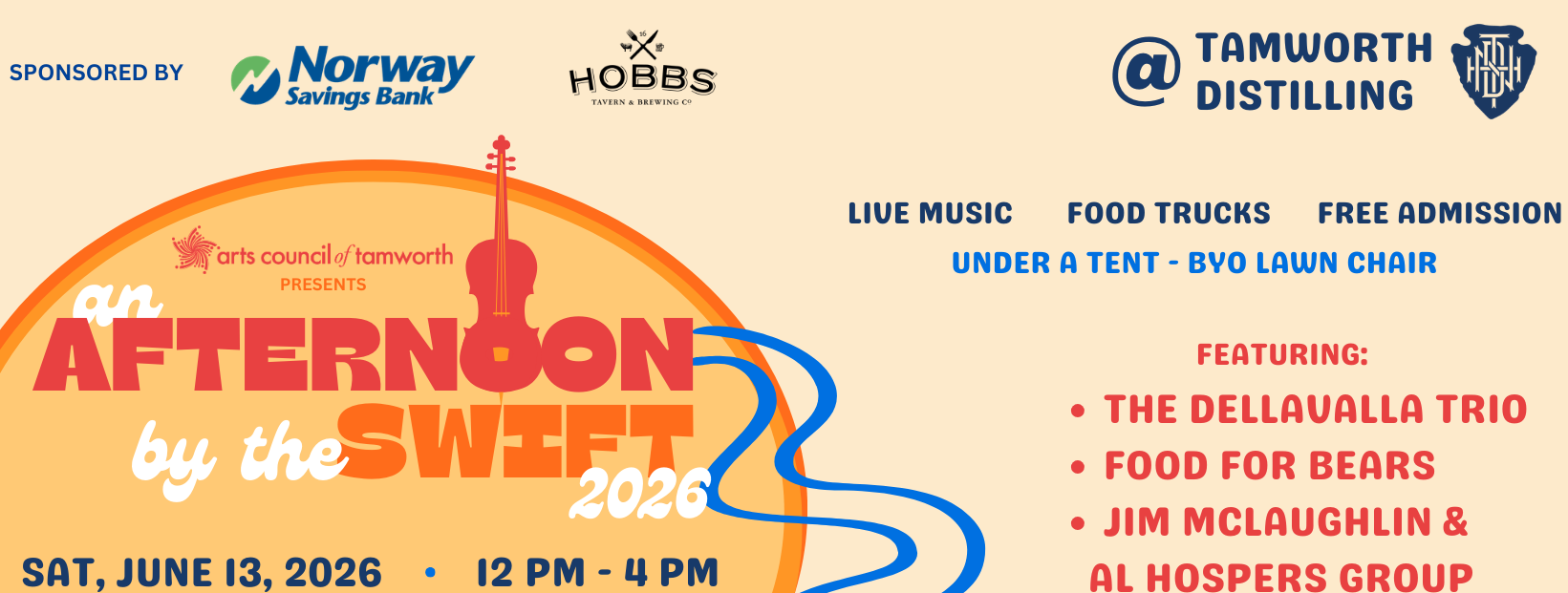An event banner for "An Afternoon by the Swift 2026" featuring live music, food trucks, and free admission at Tamworth Distilling on June 13, 2026, from 12 PM to 4 PM. The event sponsors include Norway Savings Bank and Hobbs.