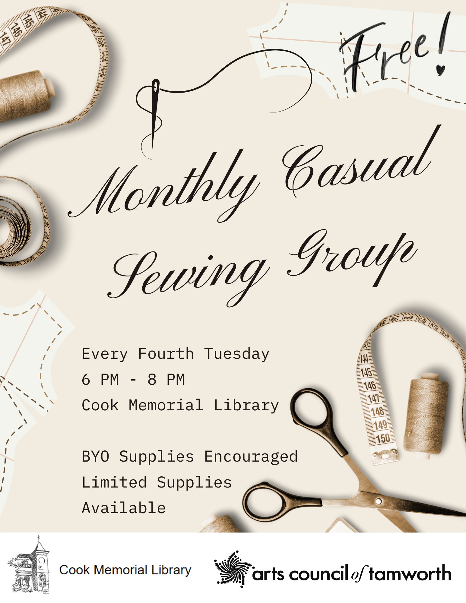 Photos of sewing scissors, measuring tape, and thread. Text reads: Free! Monthly Casual Sewing Group. Every Fourth Tuesday. 6 PM - 8 PM. Cook Memorial Library. BYO Supplies Encouraged - Limited Supplies Available. Cook Memorial Library. ACT.