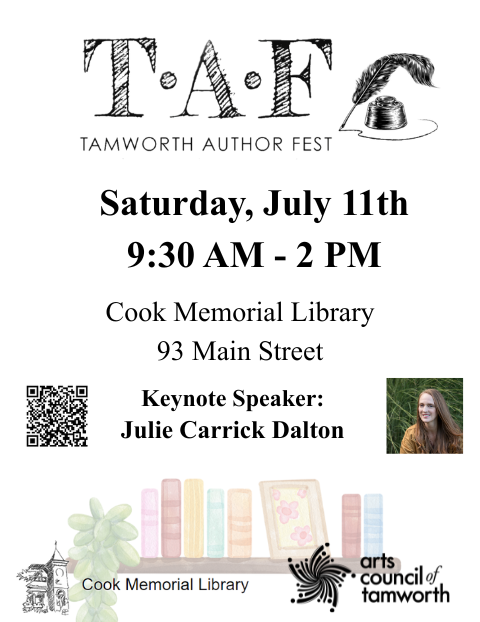 Tamworth Author Fest flyer featuring the event date and time, location at Cook Memorial Library, QR code, and keynote speaker Julie Carrick Dalton.