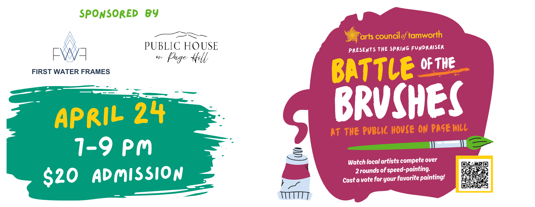 Sponsored by First Water Frames and Public House on Page Hill, the event titled "Battle of the Brushes" will take place on April 24 from 7 PM to 9 PM, with a $20 admission fee.
