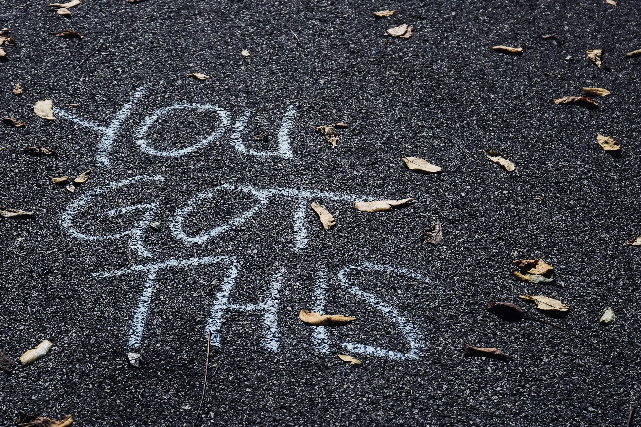 Motivational message "You Got This" written in chalk on asphalt surrounded by fallen leaves.