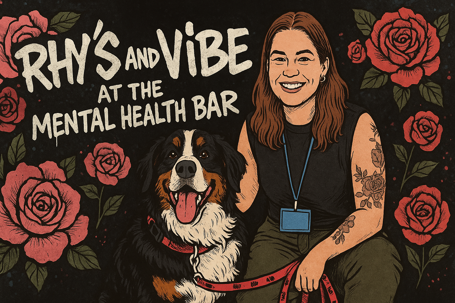 Illustration of a woman with long brown hair, tattoos on her arm, and a dog sitting beside her, surrounded by pink roses on a black background. The text reads 'Rhys and Vibe at the Mental Health Bar'.